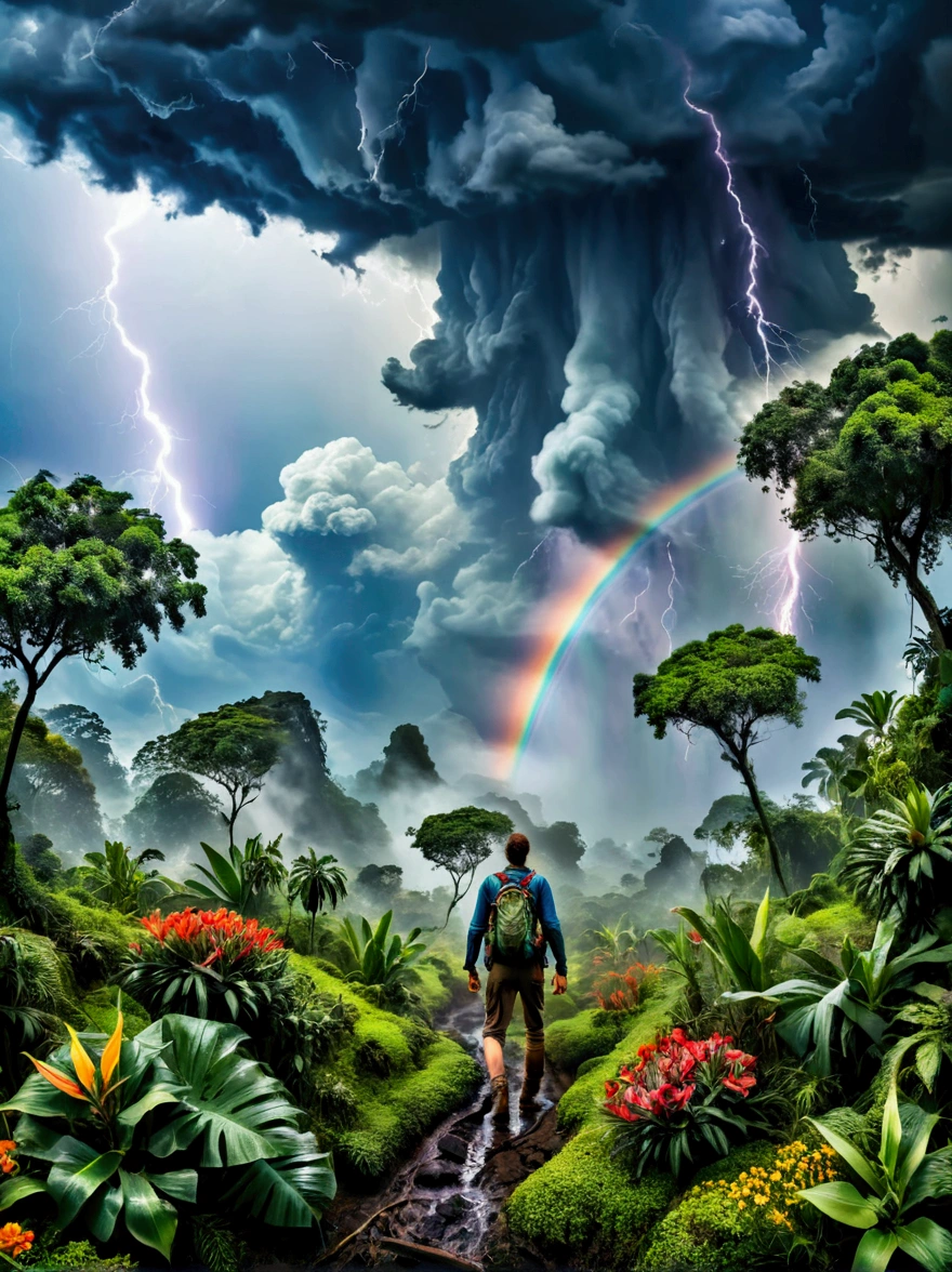 Show a shocking picture,Scenic jungle adventure landscape,The storm is raging,Cloudy sky,The plants are dense,Gloomy sky,heavily clouded,Lightning streaked by,A male hiker battles bad weather.,He is walking through the jungle,Brave the Storm,Demonstrates overcoming adversity,suddenly,A bright rainbow streaks across the landscape,As if reaching the center of the storm,Despite the difficulties,But the brightly colored flowers in the foreground are still thriving,Adds vibrant colors to the scene