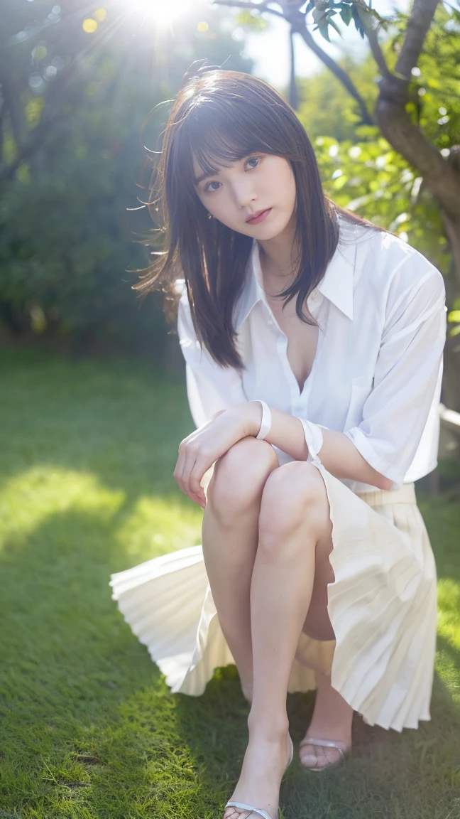 Drawing from below:2.53,One Girl、Beautiful and detailed eyes and face、barefoot、 Japanese girl, ((Extremely precise and accurate anatomy:1.0)), (photo Realistic:1.4), (hyper Realistic:1.4), (最高品質のRealisticな肌の質感:1.4), (Improvement of quality:1.4), (Enhances the beauty of skin texture:1.1), Clean and glowing skin, mesh, thin:1.2, (Realistic:1.3), Realisticなライティング, (Smoother lighting:1.05), (Improving the quality of cinema lighting:0.9), Backlight, A gentle light on your face, Ray Tracing, (Bright light:1.2), 32K, One Japanese woman, fine grain, Detailed face, (Film Grain:1.1),(Accentuates body lines:1.1), High resolution, Natural look, Kind eyes, Improves hair quality, Delicate light and shadow, Graceful pose, Sharp details, Soft light reflection, Beautiful contours, Delicate skin tone, Fine hair texture, Natural background, (((sunny day、School zone、A strong wind is blowing、Her hair and skirt are flying、 Open shirt、Pleated skirt、stroll:1.25、Light of the sun、Clear skies、stage、Blue sky and white clouds、The joys of youth)))、