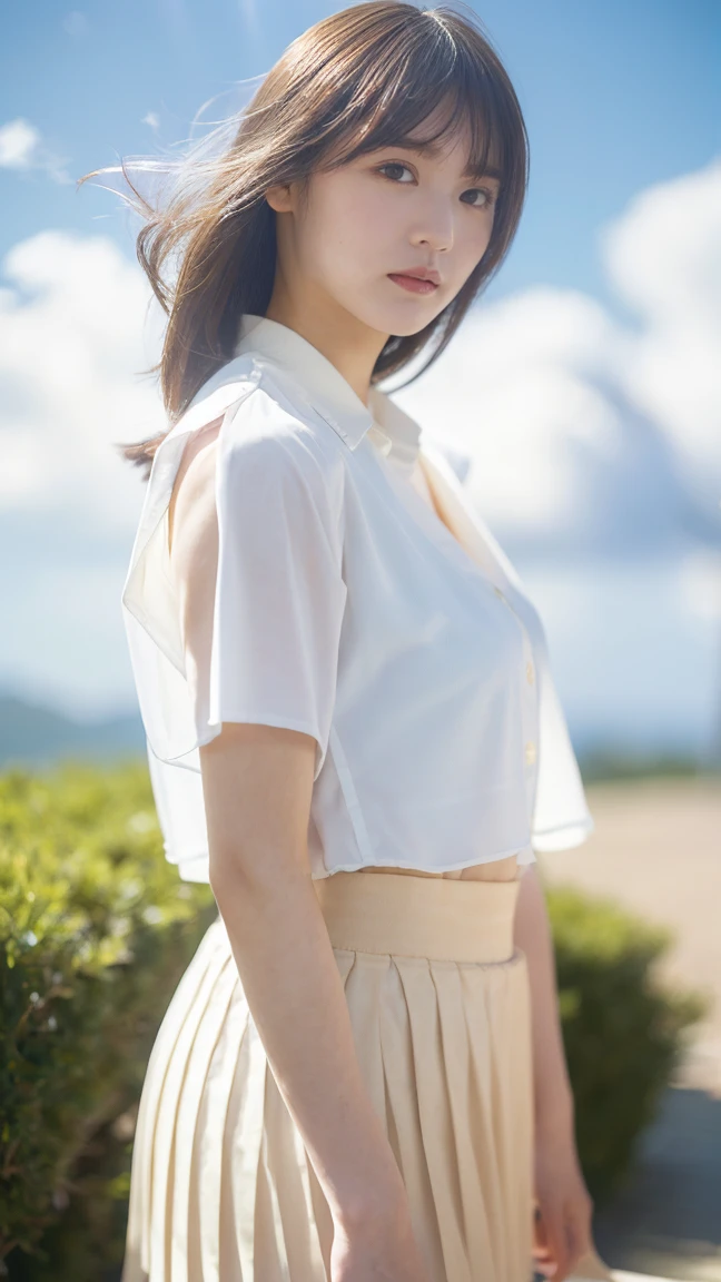 Drawing from below:2.53,One Girl、Beautiful and detailed eyes and face、barefoot、 Japanese girl, ((Extremely precise and accurate anatomy:1.0)), (photo Realistic:1.4), (hyper Realistic:1.4), (最高品質のRealisticな肌の質感:1.4), (Improvement of quality:1.4), (Enhances the beauty of skin texture:1.1), Clean and glowing skin, mesh, thin:1.2, (Realistic:1.3), Realisticなライティング, (Smoother lighting:1.05), (Improving the quality of cinema lighting:0.9), Backlight, A gentle light on your face, Ray Tracing, (Bright light:1.2), 32K, One Japanese woman, fine grain, Detailed face, (Film Grain:1.1),(Accentuates body lines:1.1), High resolution, Natural look, Kind eyes, Improves hair quality, Delicate light and shadow, Graceful pose, Sharp details, Soft light reflection, Beautiful contours, Delicate skin tone, Fine hair texture, Natural background, (((sunny day、School zone、A strong wind is blowing、Her hair and skirt are flying、 Open shirt、Pleated skirt、stroll:1.25、Light of the sun、Clear skies、stage、Blue sky and white clouds、The joys of youth)))、