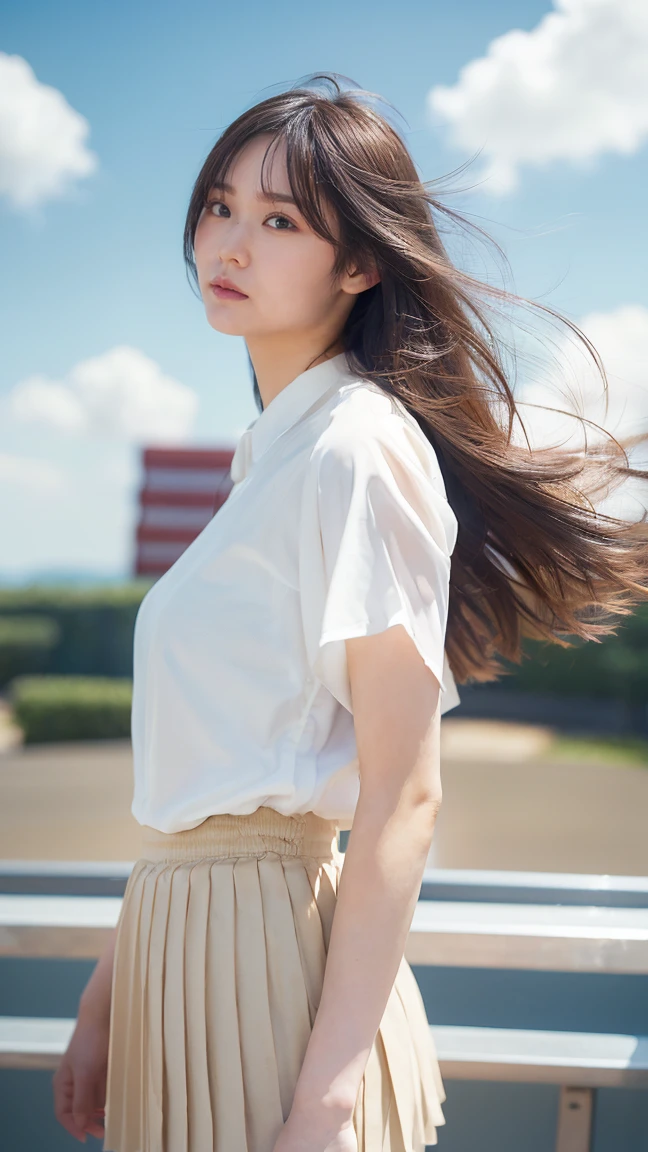 Drawing from below:2.53,One Girl、Beautiful and detailed eyes and face、barefoot、Cute 16 year old Japanese girl, ((Extremely precise and accurate anatomy:1.0)), (photo Realistic:1.4), (hyper Realistic:1.4), (最高品質のRealisticな肌の質感:1.4), (Improvement of quality:1.4), (Enhances the beauty of skin texture:1.1), Clean and glowing skin, mesh, thin:1.2, (Realistic:1.3), Realisticなライティング, (Smoother lighting:1.05), (Improving the quality of cinema lighting:0.9), Backlight, A gentle light on your face, Ray Tracing, (Bright light:1.2), 32K, One Japanese woman, fine grain, Detailed face, (Film Grain:1.1),(Accentuates body lines:1.1), High resolution, Natural look, Kind eyes, Improves hair quality, Delicate light and shadow, Graceful pose, Sharp details, Soft light reflection, Beautiful contours, Delicate skin tone, Fine hair texture, Natural background, (((sunny day、School zone、A strong wind is blowing、Her hair and skirt are flying、 Open shirt、Pleated skirt、stroll:1.25、Light of the sun、Clear skies、stage、Blue sky and white clouds、The joys of youth)))、