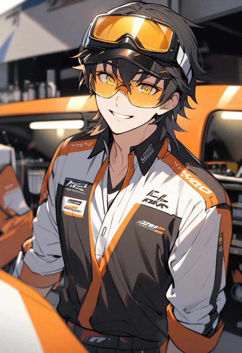 Solo, 1 male, black hair, orange highlights hair, yellow eyes, safety glasses, race engineer, black and white shirt, black pants, smile facial