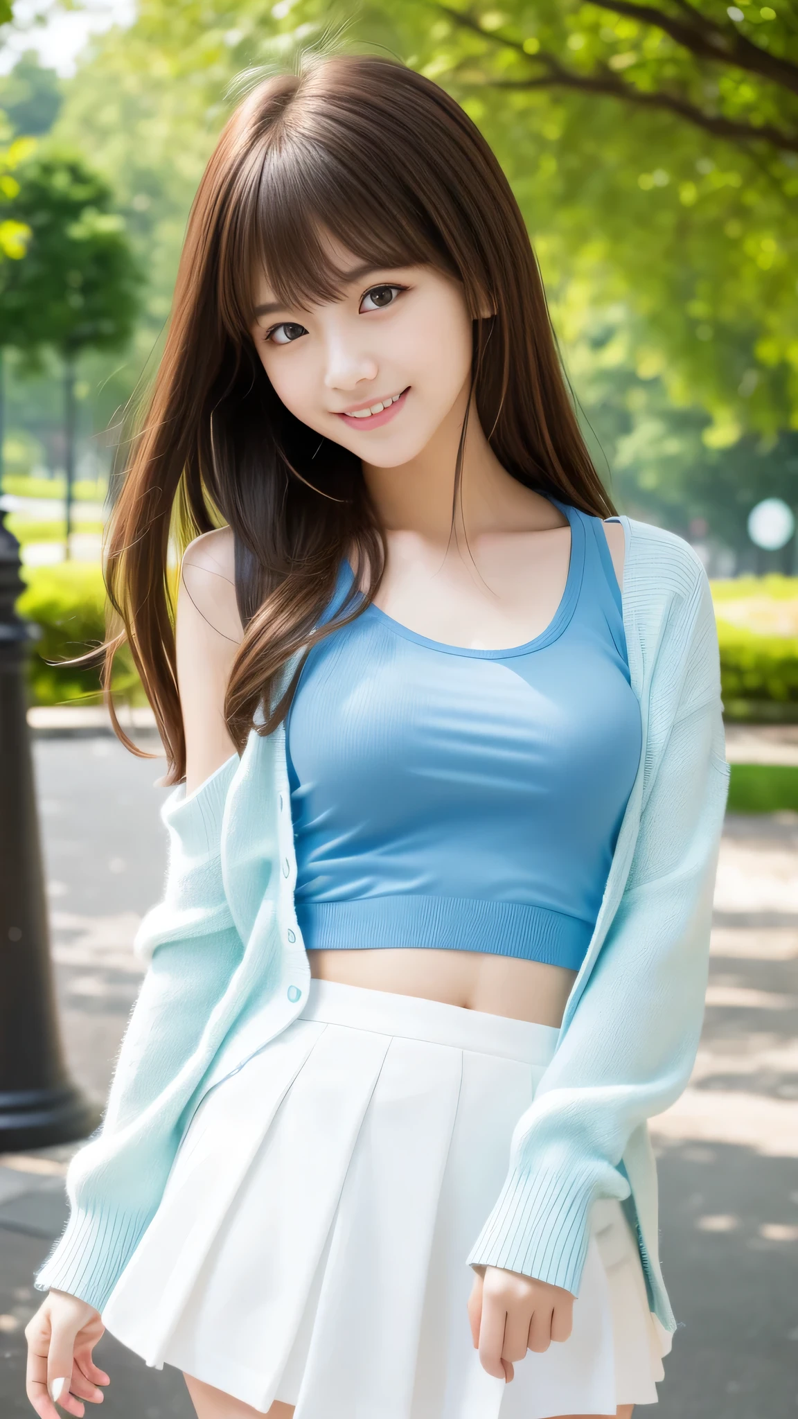 Ultra-high resolution, Superior Quality, Highest quality, Very detailed, Realistic, 8k, RAW Photos, Highest quality, masterpiece, Attractive girl, Awesome girl, Brown Hair, Shoulder-length layers, asymmetrical bangs, K-POPアイドル, Sophisticated, stylish, Shibuya Ward, ((masterpiece)),(((Highest quality))),Thin thighs,Long legs,Park Background,Light blue tank top、White Skirt、A lightweight white long-sleeved cardigan、18-year-old,bangs,A small smile,Random Pause，pretty girl，Slender girl，The best smile