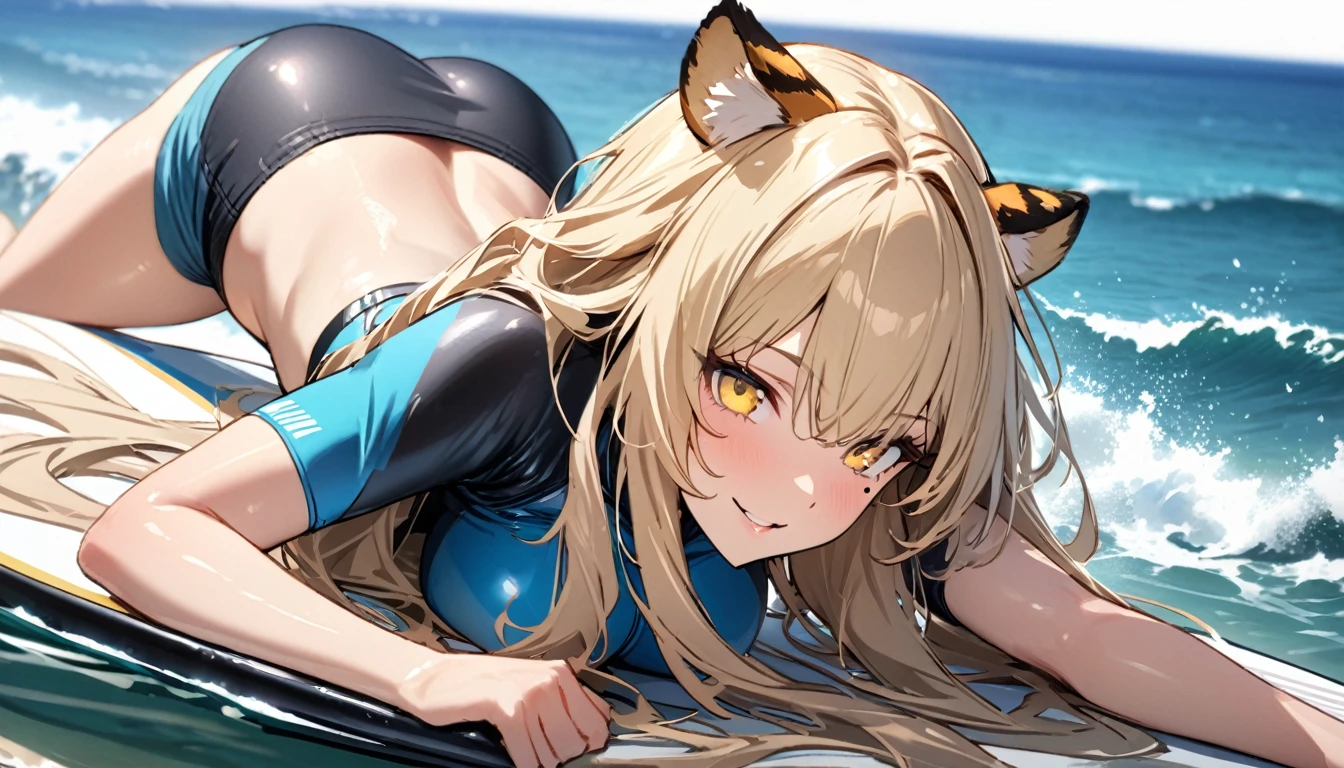 1girl、(((best quality)), ((masterpiece)), (details), masterpiece, best quality, high quality, ulutra detailed, perfect face, ((1girl, blond eyes, tiger ears: 1.3 blond long hair: 2.5,Mole under left eye：2.0))、Shiny Hair、Glowing Skin、Lustful look、Large breasts、Lie face down on a surfboard、surfing、smile、Rash guard、Shorts swimsuit、Ocean、Ocean上、