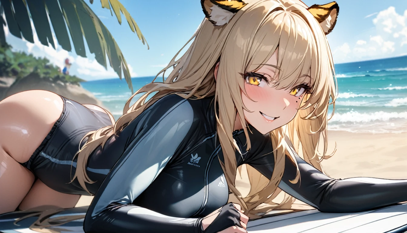 1girl、(((best quality)), ((masterpiece)), (details), masterpiece, best quality, high quality, ulutra detailed, perfect face, ((1girl, blond eyes, tiger ears: 1.3 blond long hair: 2.5,Mole under left eye:2.0))、Shiny Hair、Glowing Skin、Lustful look、Large breasts、Lie face down on a surfboard、surfing、smile、Rash guard、Shorts swimsuit、Ocean、Ocean上、