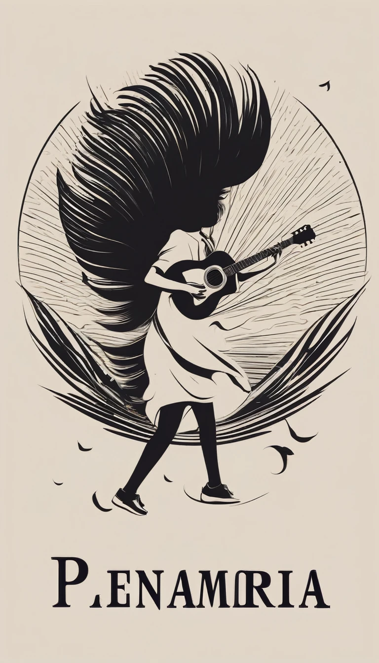 A minimal, modern, simple, cinematic, minimalistic logo design for the brand “Penamemoria". The logo design must be a simple, magical feather and a boy running and holding an acoustic guitar. The logo must convey a sense of music, stories and dreams. Logo design impressed on a book cover. Minimalistic logo

