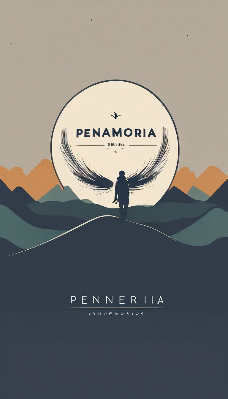 A minimal, modern, simple, cinematic, minimalistic logo design for the brand “Penamemoria". The logo design must be a simple, magical feather and a boy running and holding an acoustic guitar. The logo must convey a sense of music, stories and dreams. Logo design impressed on a book cover. Minimalistic logo