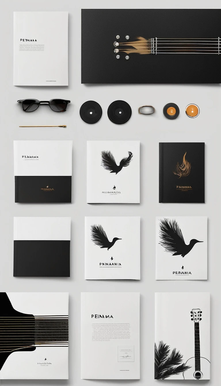 A minimal, modern, simple, cinematic, minimalistic logo design for the brand “Penamemoria". The logo design must be a simple, magical feather and a boy running and holding an acoustic guitar. The logo must convey a sense of music, stories and dreams. Logo design impressed on a book cover. Minimalistic logo