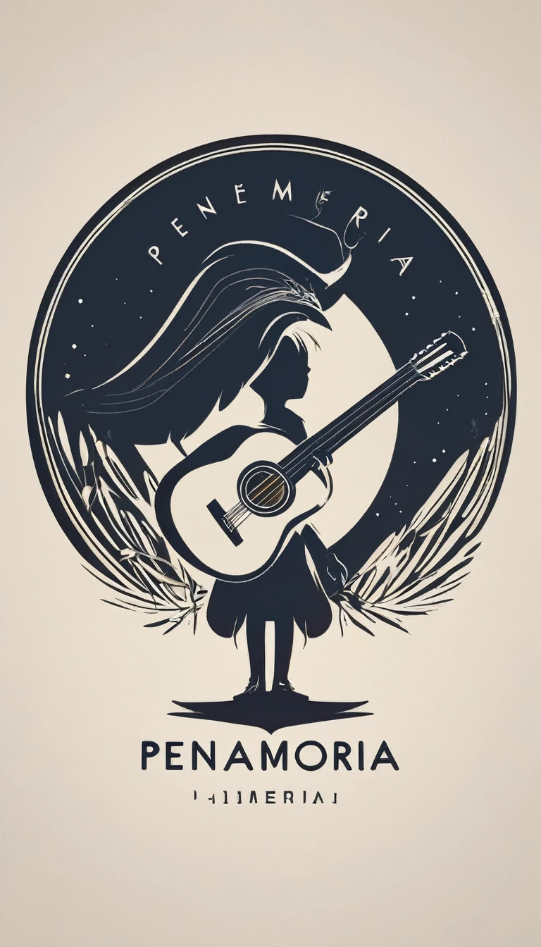 A minimal, modern, simple, cinematic, minimalistic logo design for the brand “Penamemoria". The logo design must be a simple, magical feather and a boy running and holding an acoustic guitar. The logo must convey a sense of music, stories and dreams. Logo design impressed on a book cover. Minimalistic logo
