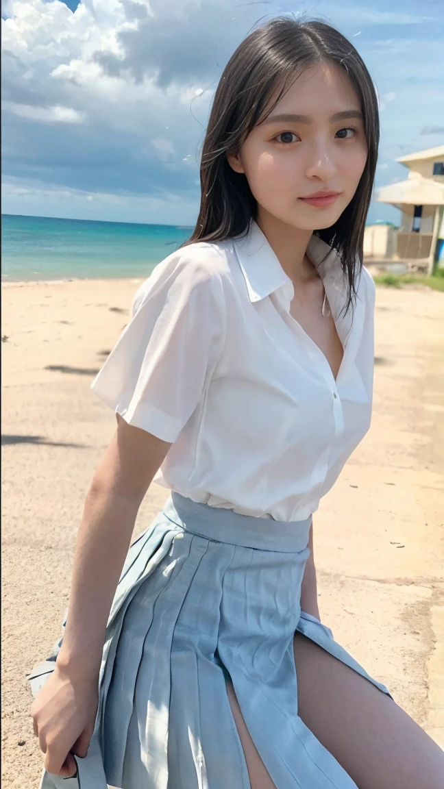 Drawing from below:2.53,One Girl、Beautiful and detailed eyes and face、barefoot、 Japanese girl, ((Extremely precise and accurate anatomy:1.0)), (photo Realistic:1.4), (hyper Realistic:1.4), (最高品質のRealisticな肌の質感:1.4), (Improvement of quality:1.4), (Enhances the beauty of skin texture:1.1), Clean and glowing skin, mesh, thin:1.2, (Realistic:1.3), Realisticなライティング, (Smoother lighting:1.05), (Improving the quality of cinema lighting:0.9), Backlight, A gentle light on your face, Ray Tracing, (Bright light:1.2), 32K, One Japanese woman, fine grain, Detailed face, (Film Grain:1.1),(Accentuates body lines:1.1), High resolution, Natural look, Kind eyes, Improves hair quality, Delicate light and shadow, Graceful pose, Sharp details, Soft light reflection, Beautiful contours, Delicate skin tone, Fine hair texture, Natural background, (((sunny day、School zone、A strong wind is blowing、Her hair and skirt are flying、 Open shirt、Pleated skirt、stroll:1.25、Light of the sun、Clear skies、stage、Blue sky and white clouds、The joys of youth)))、