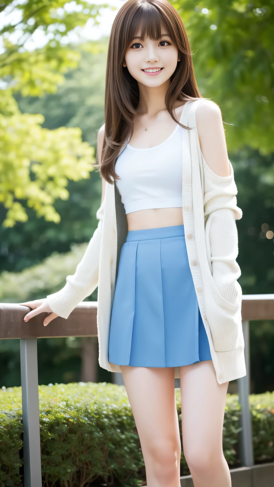 Ultra-high resolution, Superior Quality, Highest quality, Very detailed, Realistic, 8k, RAW Photos, Highest quality, masterpiece, Attractive girl, Awesome girl, Brown Hair, Shoulder-length layers, asymmetrical bangs, K-POPアイドル, Sophisticated, stylish, Shibuya Ward, ((masterpiece)),(((Highest quality))),Thin thighs,Long legs,Park Background,Light blue tank top、White Skirt、A lightweight white long-sleeved cardigan、18-year-old,bangs,A small smile,Random Pause，pretty girl，Slender girl，The best smile