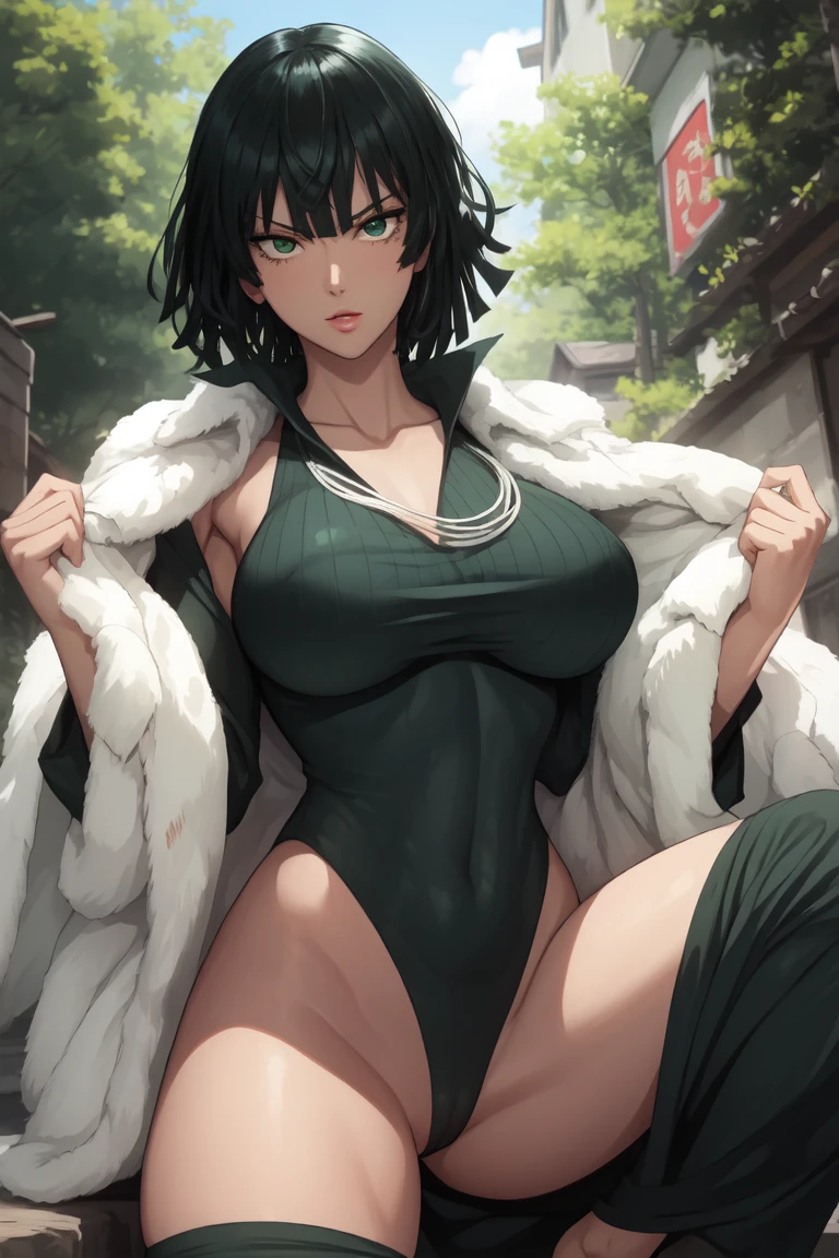 Fubuki is squatting by spreading legs, wearing a purple panty, navel piercing, masterpiece, absurdres, fubuki\(one punch man\), 1girl, solo,mature female, green bra and green panty , perfect composition, detailed lips, big breast, beautiful face, body propotion, blush, (pink lips), detailed eyes, soft gaze, super realistic, detailed, photoshoot, green landscape , green plants, flowers, big breasts, sexy girl, hot, huge breasts