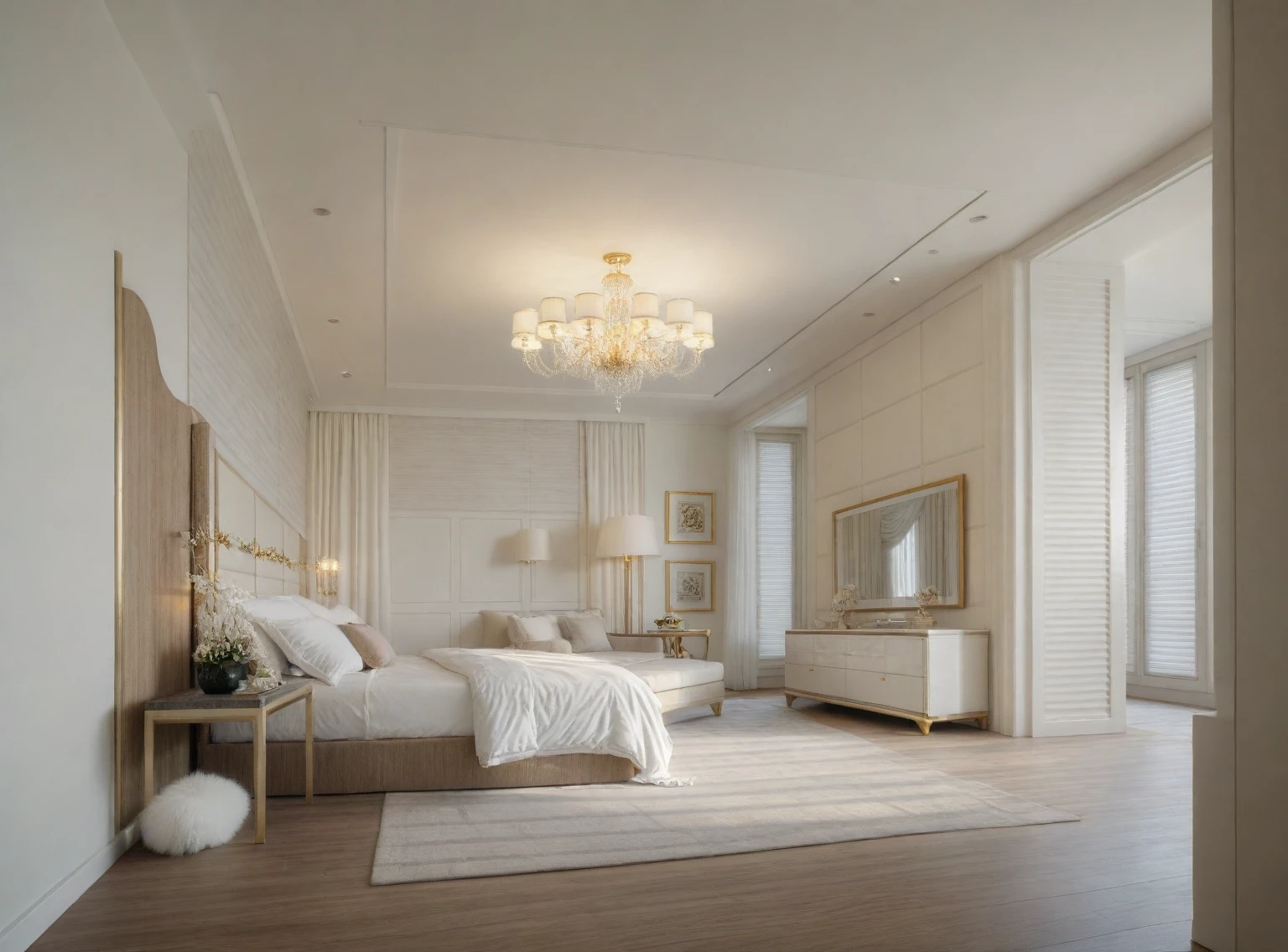 ,Masterpiece, Best quality,8K, Ultra-high resolution,When you step into the ((( bedroom : 1.3 ))) ,Immediately surrounded by a rich atmosphere of luxury. The space  was covered with a soft white fluffy blanket,It is so comfortable,So much so that you can't help but indulge in it。Embellished with precious porcelain and white-off gold ornaments。Whenever it is late afternoon,The afterglow from the window spilled on the floor,Soft light and shadow are reflected,It was as if entering a dreamland. ((Wooden chair and table : 1.3)), 