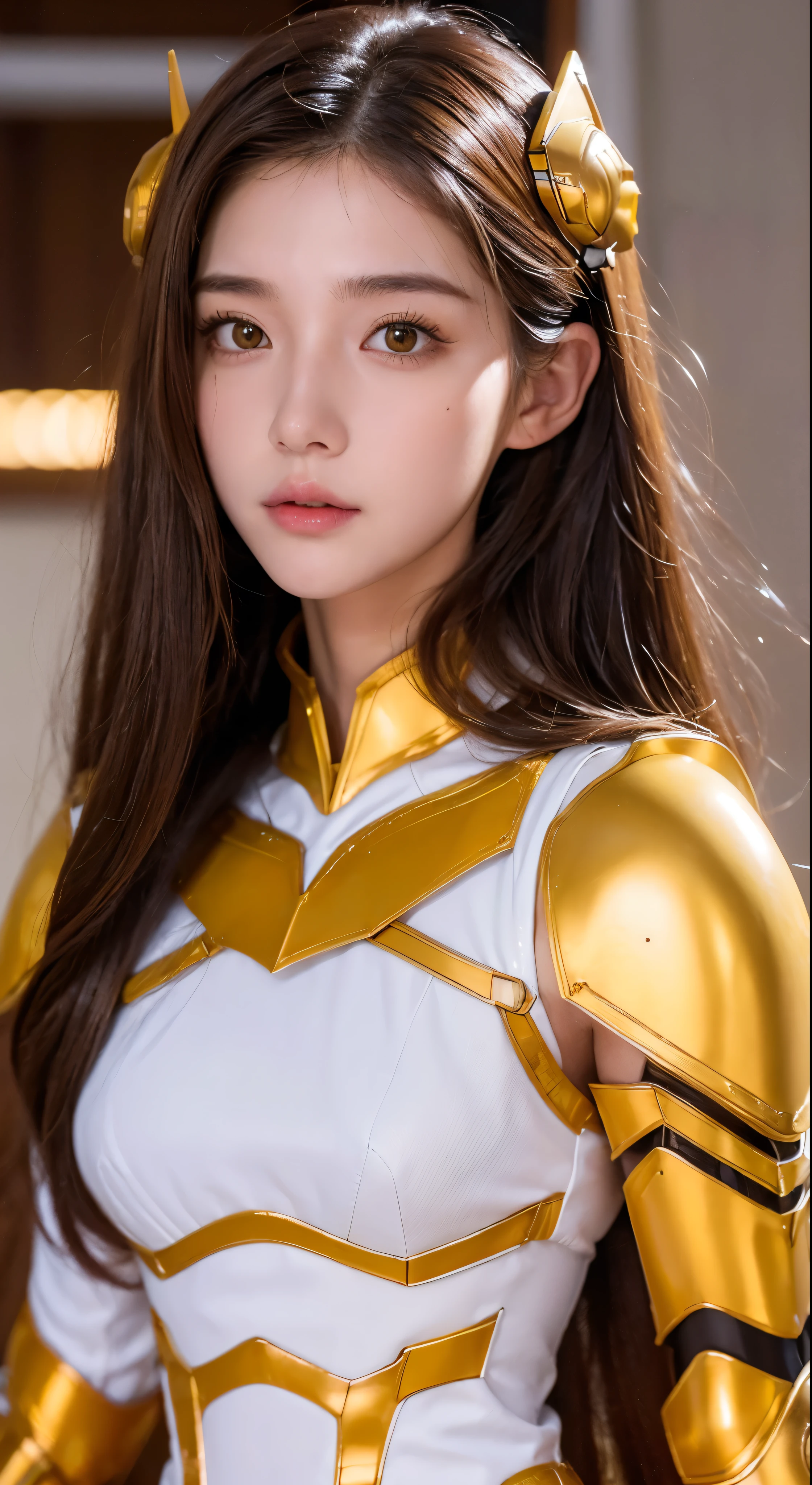 with high definition images,(Masterpiece:1.1), (Highest quality:1.1), whole body, Long chestnut hair, Anatomically good, (1girl:1.2), (Detailed face and eyes:1.25), solo, Brown Hair, Brown eyes, (Yellow Armored Suit:1.3), ((White skin contact:1.2), Facial details:1.2), See who&#39;s watching, Model woman, Side Hair, Elysium Shal, Parking lot in the background