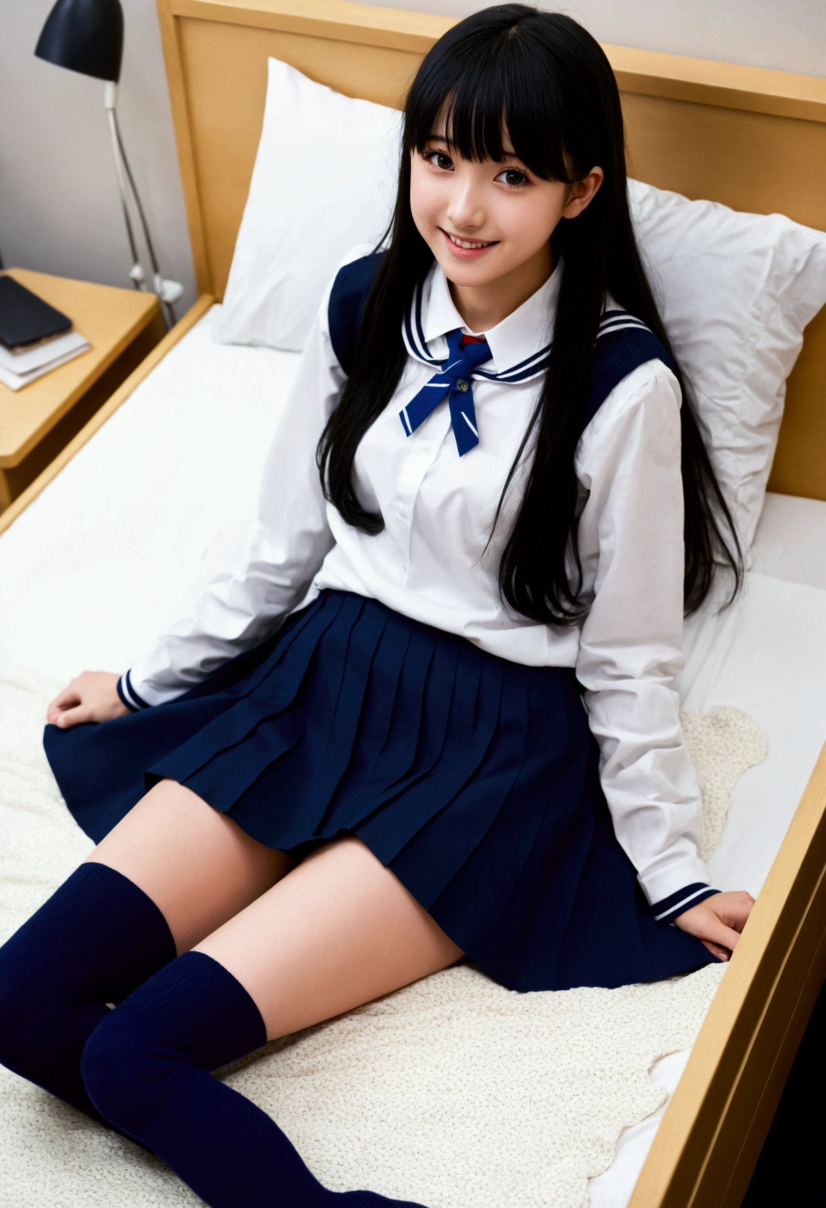 {Highest quality], [so beautiful], [Ultra-fine], [Best illustrations], Browsing Caution,Black Hair, Hime cut, Long Hair, With bangs, girl,high school student,uniform,knit,skirt,smile, blush, Slender women, Adult female,(public),,diagonal, Navy blue knee socks,Black Loafers.night,Health Room,Lying in bed feeling sick