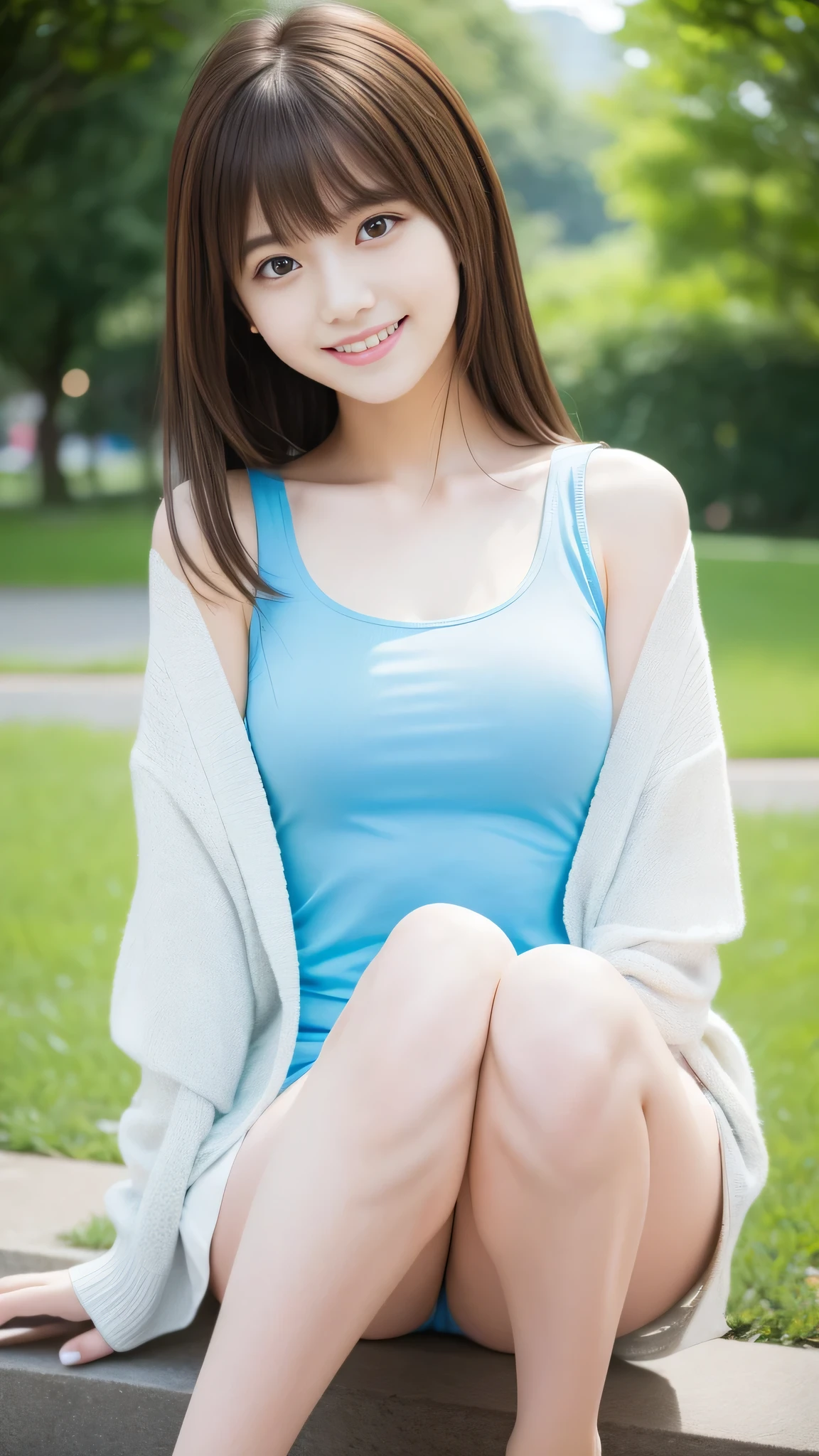 Ultra-high resolution, Superior Quality, Highest quality, Very detailed, Realistic, 8k, RAW Photos, Highest quality, masterpiece, Attractive girl, Awesome girl, Brown Hair, Shoulder-length layers, asymmetrical bangs, K-POPアイドル, Sophisticated, stylish, Shibuya Ward, ((masterpiece)),(((Highest quality))),Thin thighs,Long legs,Park Background,Light blue tank top、White Skirt、A lightweight white long-sleeved cardigan、18-year-old,bangs,A small smile,Random Pause,pretty girl,Slender girl,The best smile