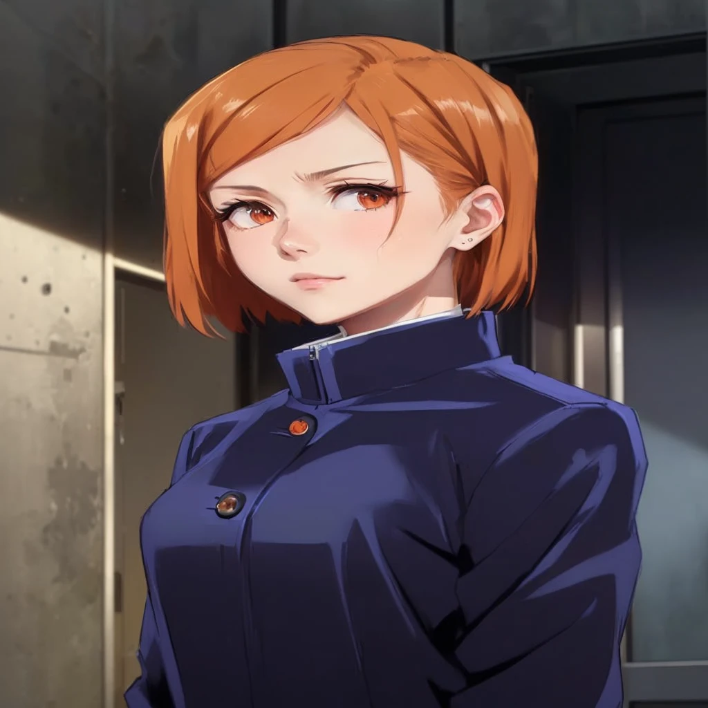 a woman in a black jacket standing in front of a door, female anime character, anime visual of a young woman, female protagonist 👀 :8, nobara kugisaki, nobara kugisaki from Jujutsu Kaisen, Jujutsu Kaisen, ( ( ( nobara kugisaki ) ) ), in the anime film, anime visual of a cute girl, female protagonist, realistic