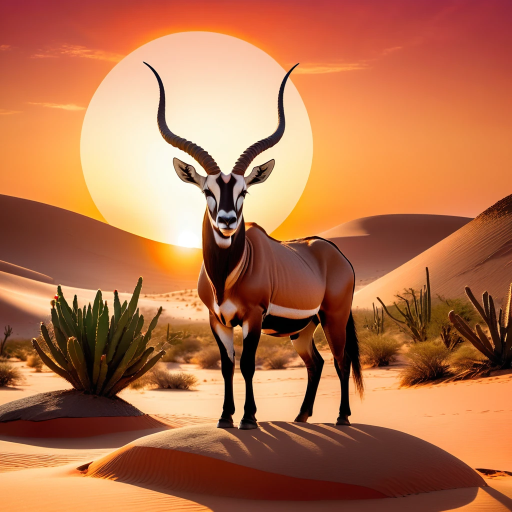 A stunning photograph of an oryx standing majestically on a rock in the vast desert. The sun is setting in the background, creating a massive circle of vibrant oranges and reds. The desert landscape is dotted with cacti and sand dunes, and the horizon is illuminated by the golden hues of the sunset. The overall atmosphere of the image is serene and awe-inspiring., photo