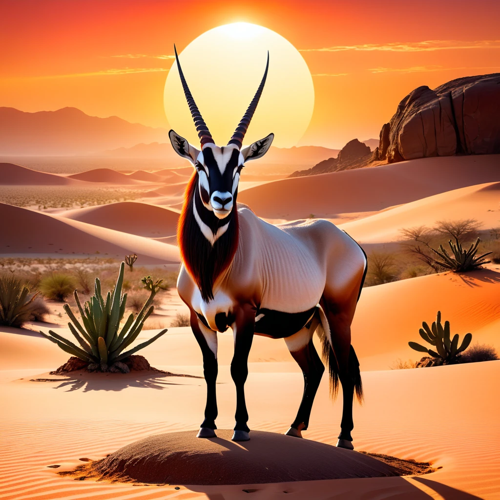A stunning photograph of an oryx standing majestically on a rock in the vast desert. The sun is setting in the background, creating a massive circle of vibrant oranges and reds. The desert landscape is dotted with cacti and sand dunes, and the horizon is illuminated by the golden hues of the sunset. The overall atmosphere of the image is serene and awe-inspiring., photo