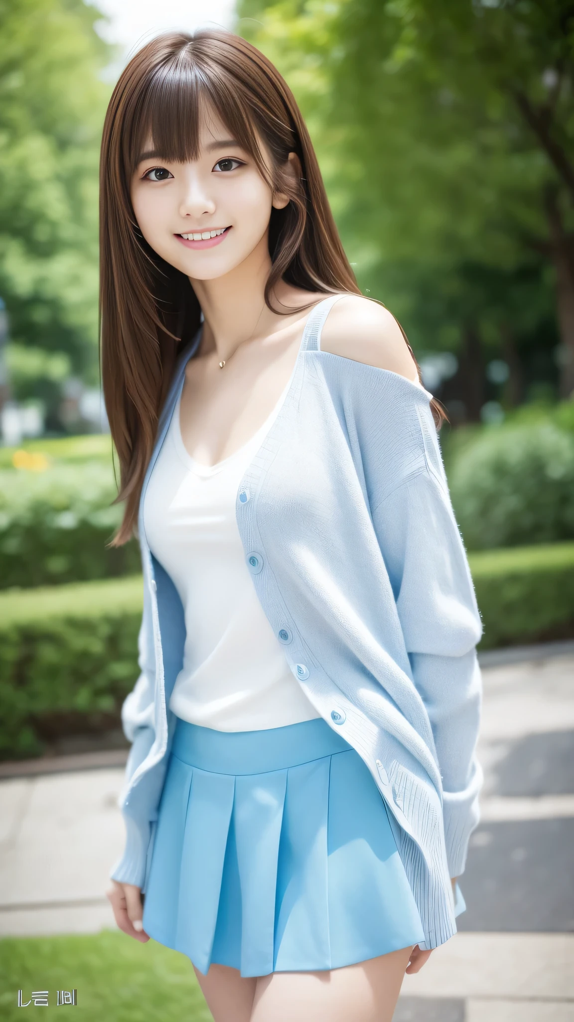 Ultra-high resolution, Superior Quality, Highest quality, Very detailed, Realistic, 8k, RAW Photos, Highest quality, masterpiece, Attractive girl, Awesome girl, Brown Hair, Shoulder-length layers, asymmetrical bangs, K-POPアイドル, Sophisticated, stylish, Shibuya Ward, ((masterpiece)),(((Highest quality))),Thin thighs,Long legs,Park Background,Light blue tank top、White Skirt、A lightweight white long-sleeved cardigan、18-year-old,bangs,A small smile,Random Pause,pretty girl,Slender girl,The best smile