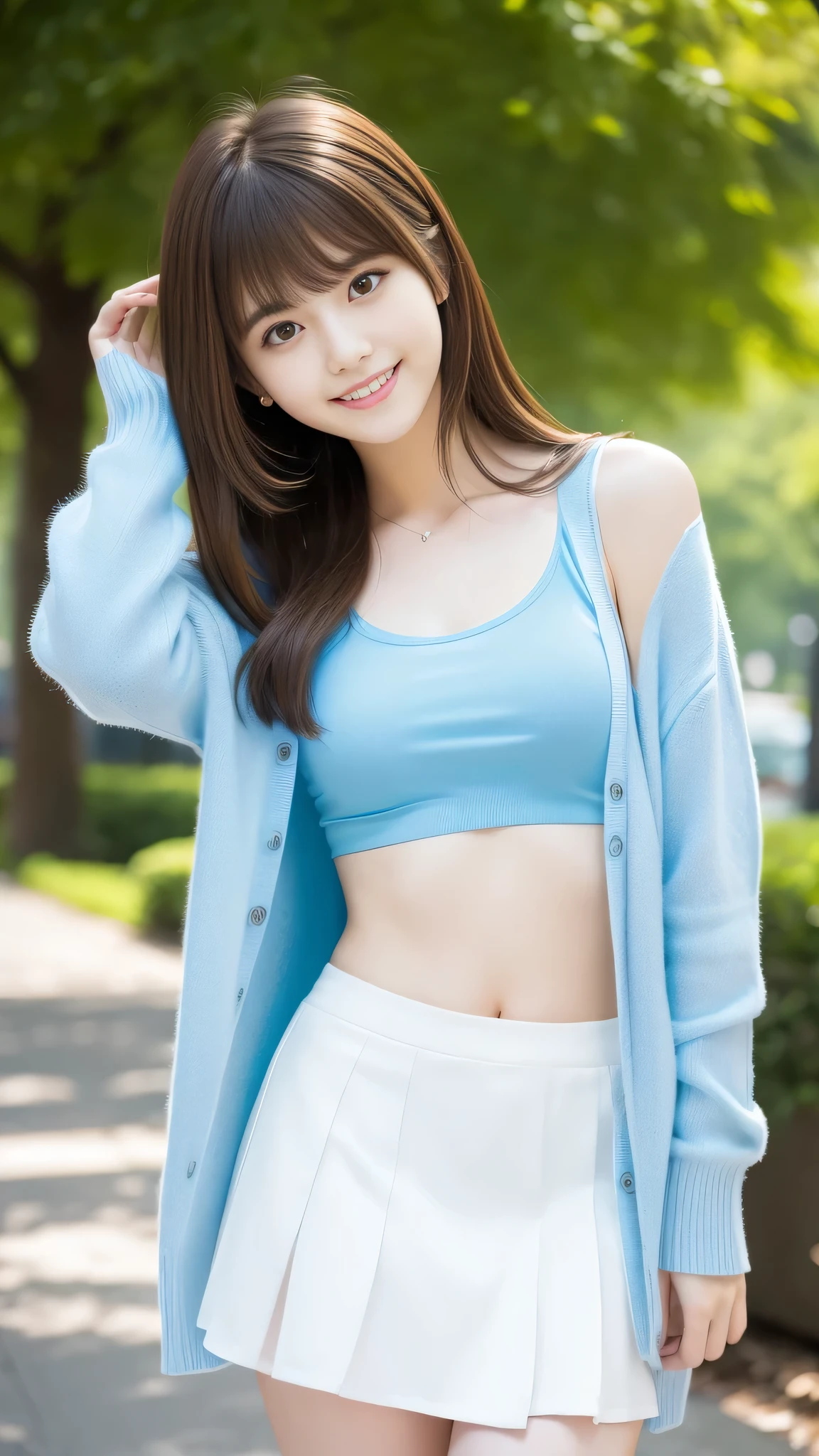 Ultra-high resolution, Superior Quality, Highest quality, Very detailed, Realistic, 8k, RAW Photos, Highest quality, masterpiece, Attractive girl, Awesome girl, Brown Hair, Shoulder-length layers, asymmetrical bangs, K-POPアイドル, Sophisticated, stylish, Shibuya Ward, ((masterpiece)),(((Highest quality))),Thin thighs,Long legs,Park Background,Light blue tank top、White Skirt、A lightweight white long-sleeved cardigan、18-year-old,bangs,A small smile,Random Pause，pretty girl，Slender girl，The best smile