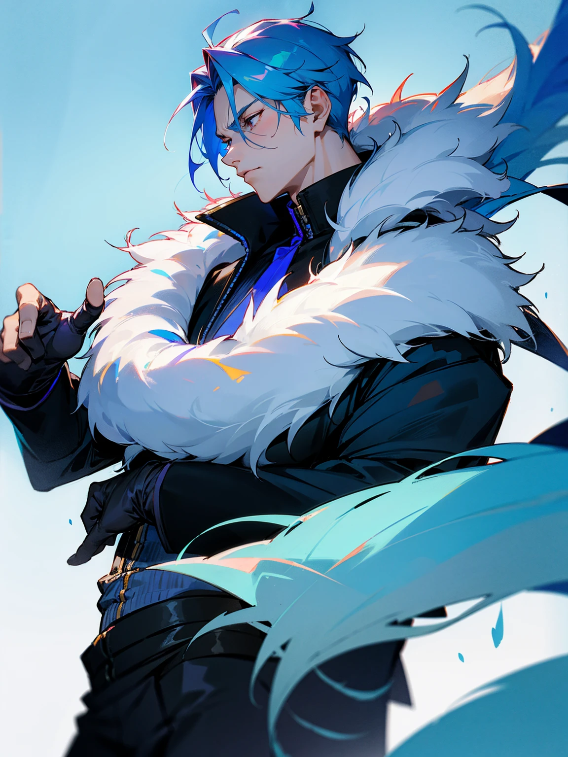 1male, adult, sky blue hair, Vergil hair, fur coat, black sweatpants, tired expression, lean build