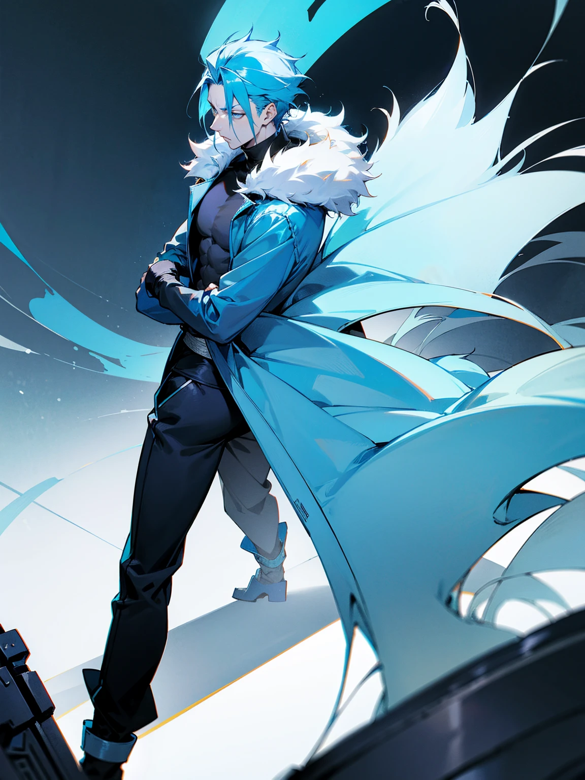 1male, adult, sky blue hair, Vergil hair, fur coat, black sweatpants, tired expression, lean build