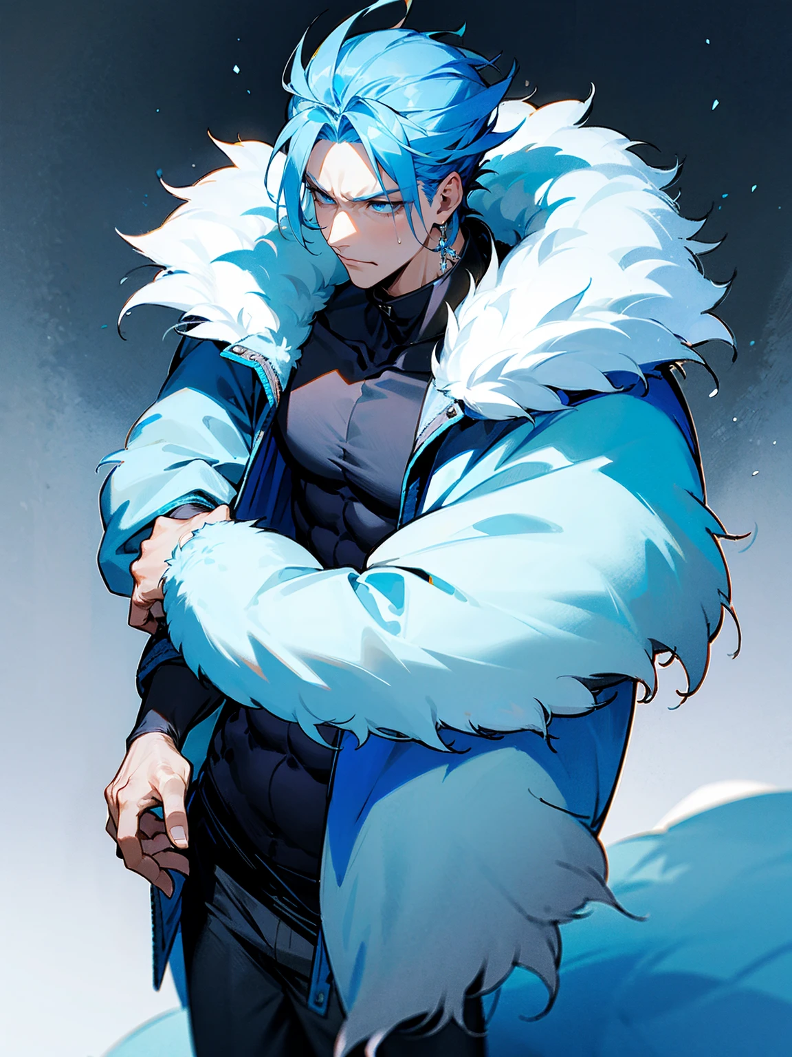 1male, adult, sky blue hair, Vergil hair, fur coat, black sweatpants, tired expression, lean build