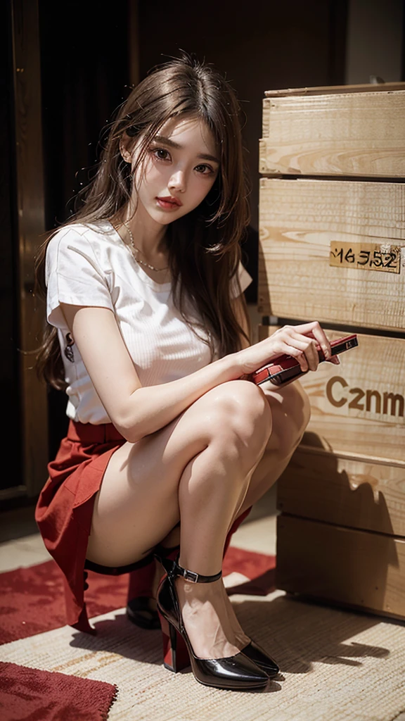 Wearing a white shirt，Red miniskirt，Girl in black high heels crouching behind a box，Basement background，Full body close-up