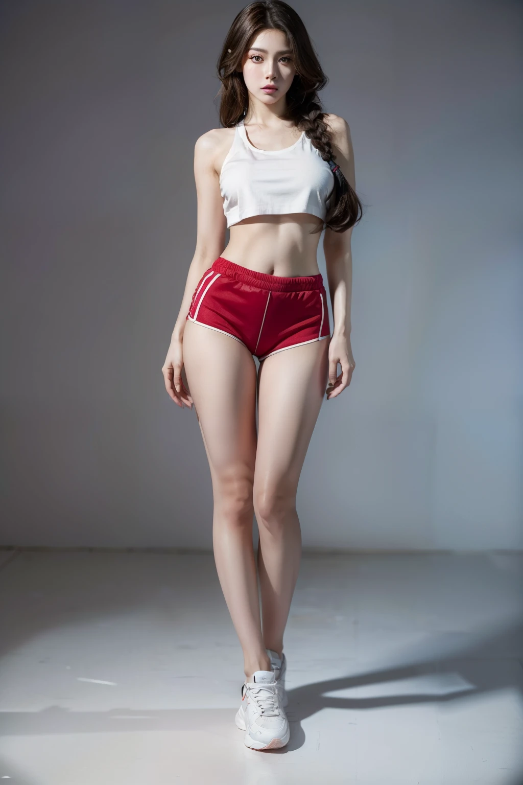 (RAW shooting, Photoreal:1.5, 8k, highest quality, masterpiece, ultra high resolution), perfect dynamic composition:1.2, Fight:1.2, Highly detailed skin and facial textures:1.2, 1girl:1,Caucasian:1,Glamourous female with a key, beautiful and aesthetic:1.2, sexy beauty, perfect style, belief, Strong-willed, revenge, Fair skin, very beautiful face, (large breast:1.2,Chest gap), (wearing a sexy casual clothes:1.2), (beautiful eyes, Eyes that feel beautiful eros:1.0), (Too erotic:0.9, Bewitching:0.9), (full body photo:2), (perfect limbs:1.2), (perfect fingers:1.2),(tall:2, mascaraTears:1.2,runny makeup:1.2,mascara:1.2,makeup:1.2,single braid:1.2,crop top:1.2, sneakers:1.2,sob:1.2, navel:1.2, tight red shorts:1.2),(simple background:1),(knees together),(standing:2)