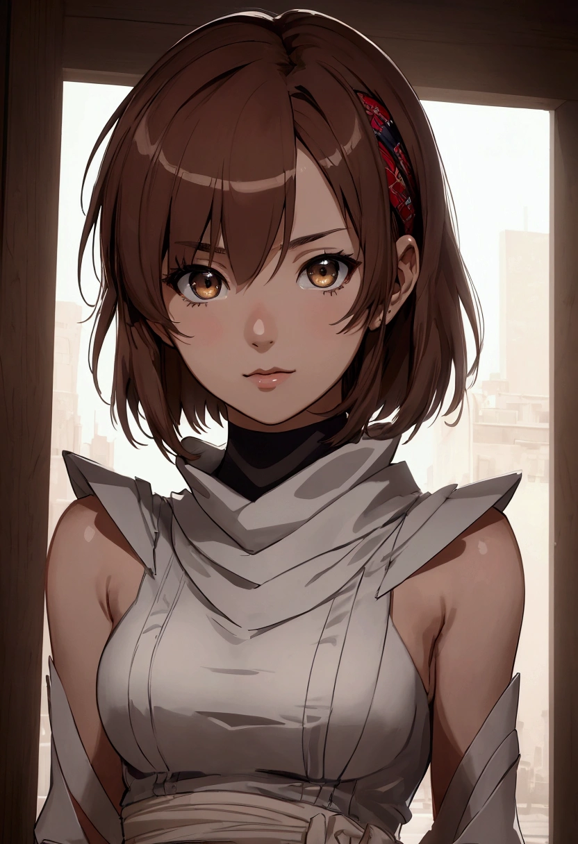 masterpiece), best quality, high resolution Mikoto Misaka  Character1girl bob cut medium hair standing alone cowl headband profile image looking at viewer beautiful eyes beautiful face extremely detailed