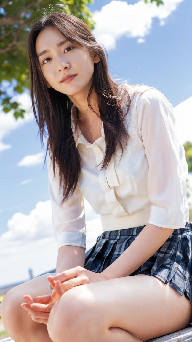 Drawing from below:2.53,One Girl、Beautiful and detailed eyes and face、barefoot、Cute 16 year old Japanese girl, ((Extremely precise and accurate anatomy:1.0)), (photo Realistic:1.4), (hyper Realistic:1.4), (最高品質のRealisticな肌の質感:1.4), (Improvement of quality:1.4), (Enhances the beauty of skin texture:1.1), Clean and glowing skin, mesh, thin:1.2, (Realistic:1.3), Realisticなライティング, (Smoother lighting:1.05), (Improving the quality of cinema lighting:0.9), Backlight, A gentle light on your face, Ray Tracing, (Bright light:1.2), 32K, One Japanese woman, fine grain, Detailed face, (Film Grain:1.1),(Accentuates body lines:1.1), High resolution, Natural look, Kind eyes, Improves hair quality, Delicate light and shadow, Graceful pose, Sharp details, Soft light reflection, Beautiful contours, Delicate skin tone, Fine hair texture, Natural background, (((sunny day、School zone、A strong wind is blowing、Her hair and skirt are flying、 Open shirt、Pleated skirt、stroll:1.25、Light of the sun、Clear skies、stage、Blue sky and white clouds、The joys of youth)))、
