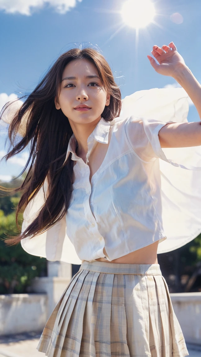 Drawing from below:2.53,One Girl、Beautiful and detailed eyes and face、barefoot、Cute 16 year old Japanese girl, ((Extremely precise and accurate :1.0)), (photo Realistic:1.4), (hyper Realistic:1.4), (最高品質のRealisticな肌の質感:1.4), (Improvement of quality:1.4), (Enhances the beauty of skin texture:1.1), Clean and glowing skin, mesh, thin:1.2, (Realistic:1.3), Realisticなライティング, (Smoother lighting:1.05), (Improving the quality of cinema lighting:0.9), Backlight, A gentle light on your face, Ray Tracing, (Bright light:1.2), 32K, One Japanese woman, fine grain, Detailed face, (Film Grain:1.1),(Accentuates body lines:1.1), High resolution, Natural look, Kind eyes, Improves hair quality, Delicate light and shadow, Graceful pose, Sharp details, Soft light reflection, Beautiful contours, Delicate skin tone, Fine hair texture, Natural background, (((sunny day、School zone、A strong wind is blowing、Her hair and skirt are flying、 、Pleated skirt、stroll:1.25、Light of the sun、Clear skies、stage、Blue sky and white clouds、The joys of youth)))、
