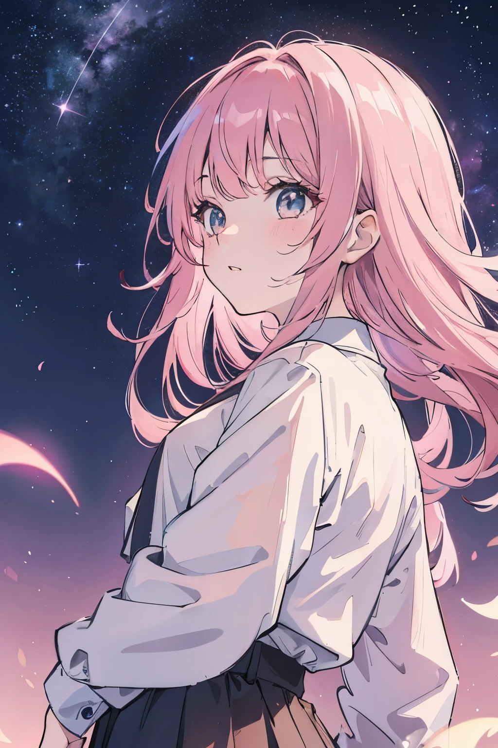 Young woman, pink hair, night sky background, starfall background, stars background, Bottom view.