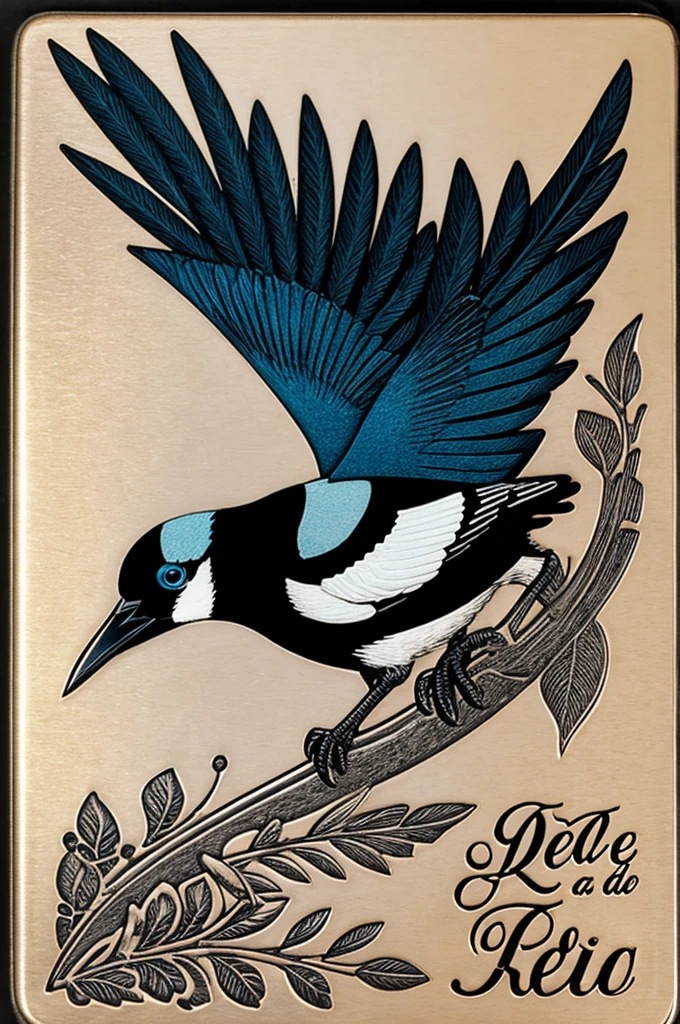 Black and blue lighter with engraving of a magpie 