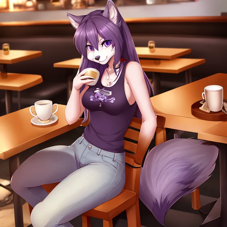 Masterpiece, best quality, high quality, One furry anthro girl, Grey wolf anthro, brown eyes, beautiful eyes, wears purple shirt and blue farmer jeans, in the cafe, sit on the chair, in front of the table, a cup of coffee on the table