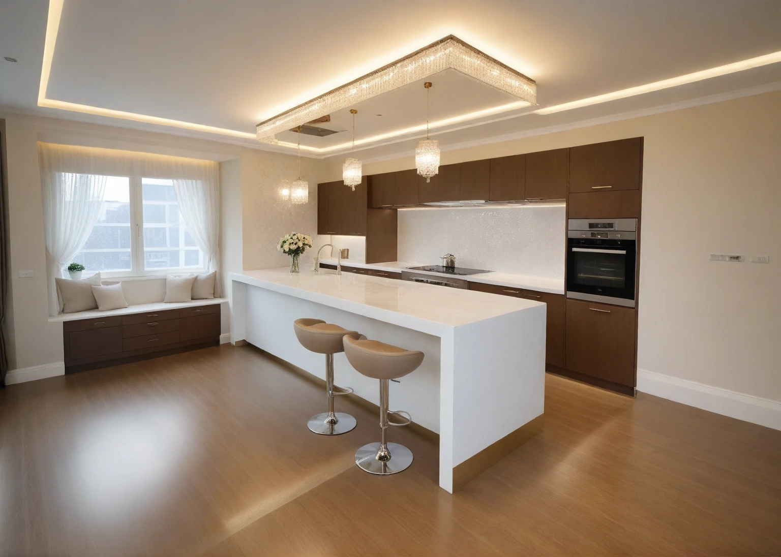 Masterpiece, Best quality,8K, Ultra-high resolution,When you step into the Kitchen and dinning room,Immediately surrounded by a rich atmosphere of luxury。Ornate crystal chandeliers hang high on the wall,Shine brightly。Kitchen island was covered with a soft white fluffy blanket,It is so comfortable,So much so that you can't help but indulge in it。Embellished with precious porcelain and white-off gold ornaments。Whenever it is late afternoon,The afterglow from the window spilled on the floor,Soft light and shadow are reflected,It was as if entering a dreamland。((( brown Doussie wooden furniture : 1.3 )))