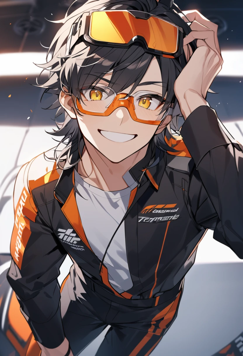 Solo, 1 male, black hair with orange highlights, yellow eyes, safety glasses on the head, race engineer, black and white shirt, black pants, smile facial