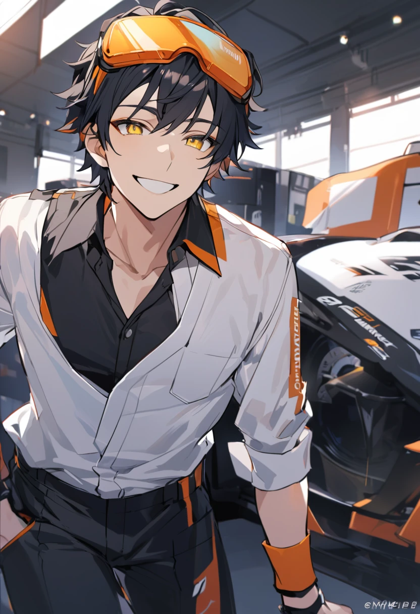 Solo, 1 male, black hair with orange highlights, yellow eyes, safety glasses on the head, race engineer, black and white shirt, black pants, smile facial