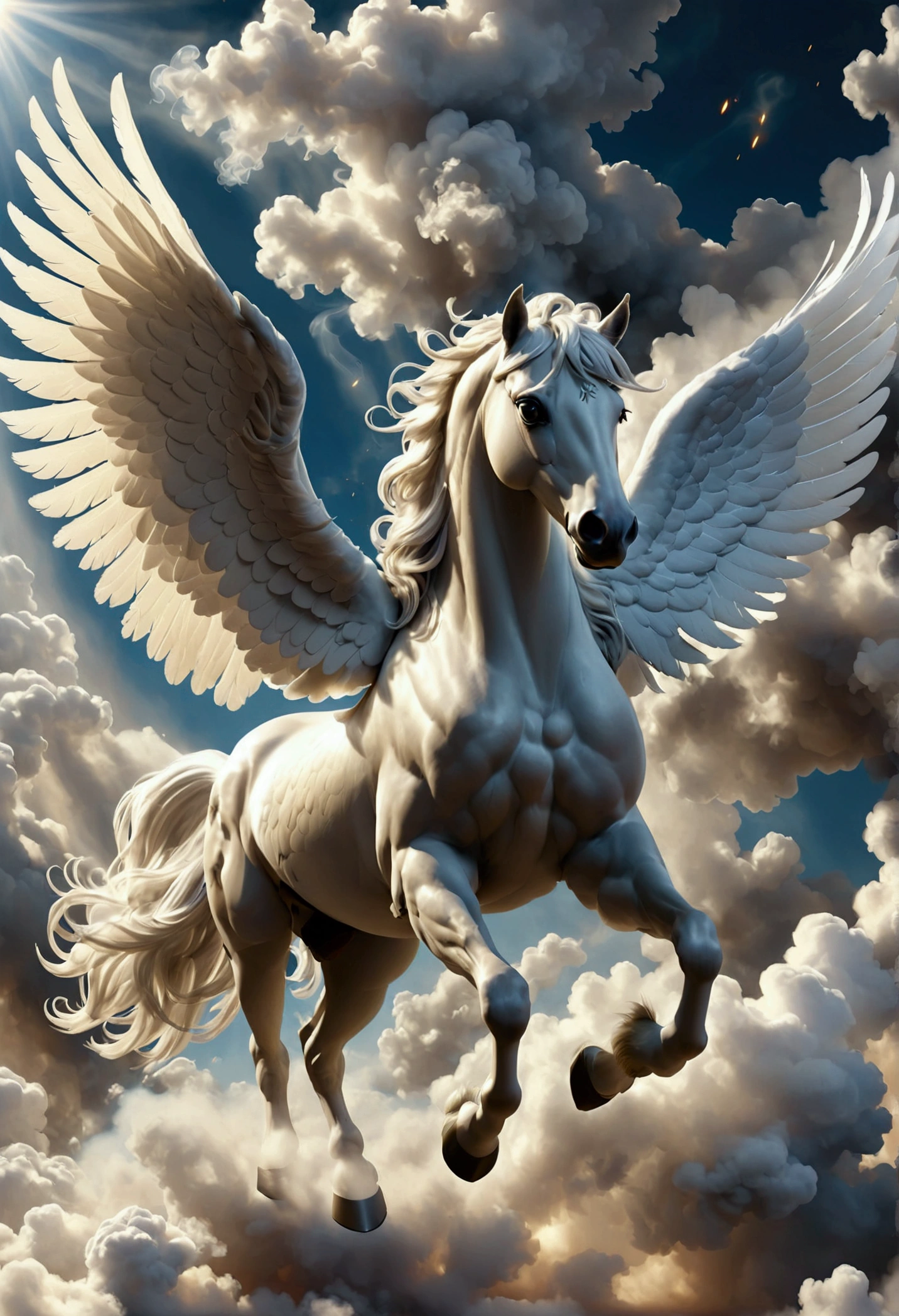 A majestic Pegasus emerges from a cloud of swirling smoke, its wings spread wide as it takes flight.