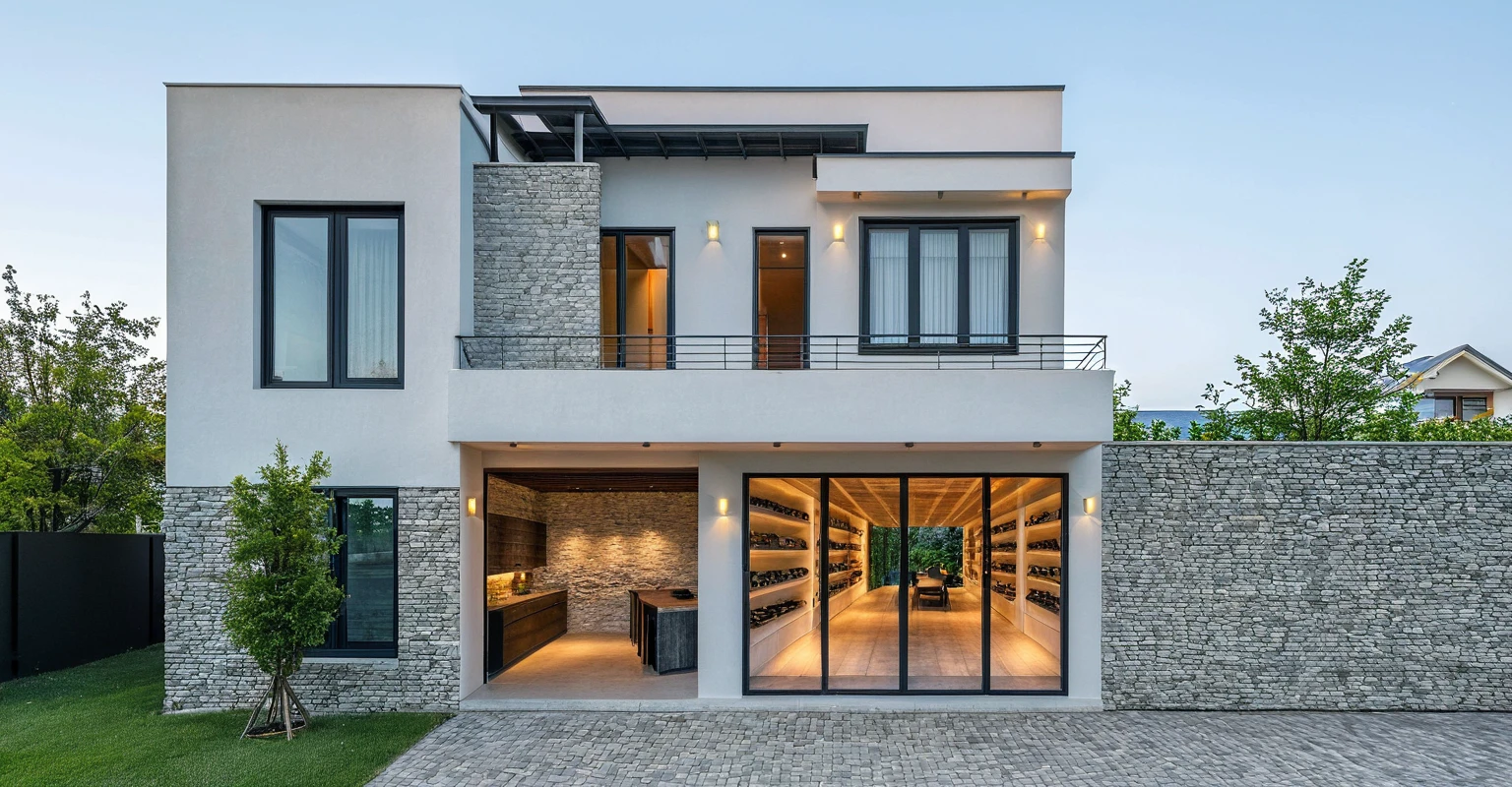 2-storey townhouse, Minimalist architecture, House painted in bright colors. stone wall accents, There is an iron foundation on a stone wall. morning.