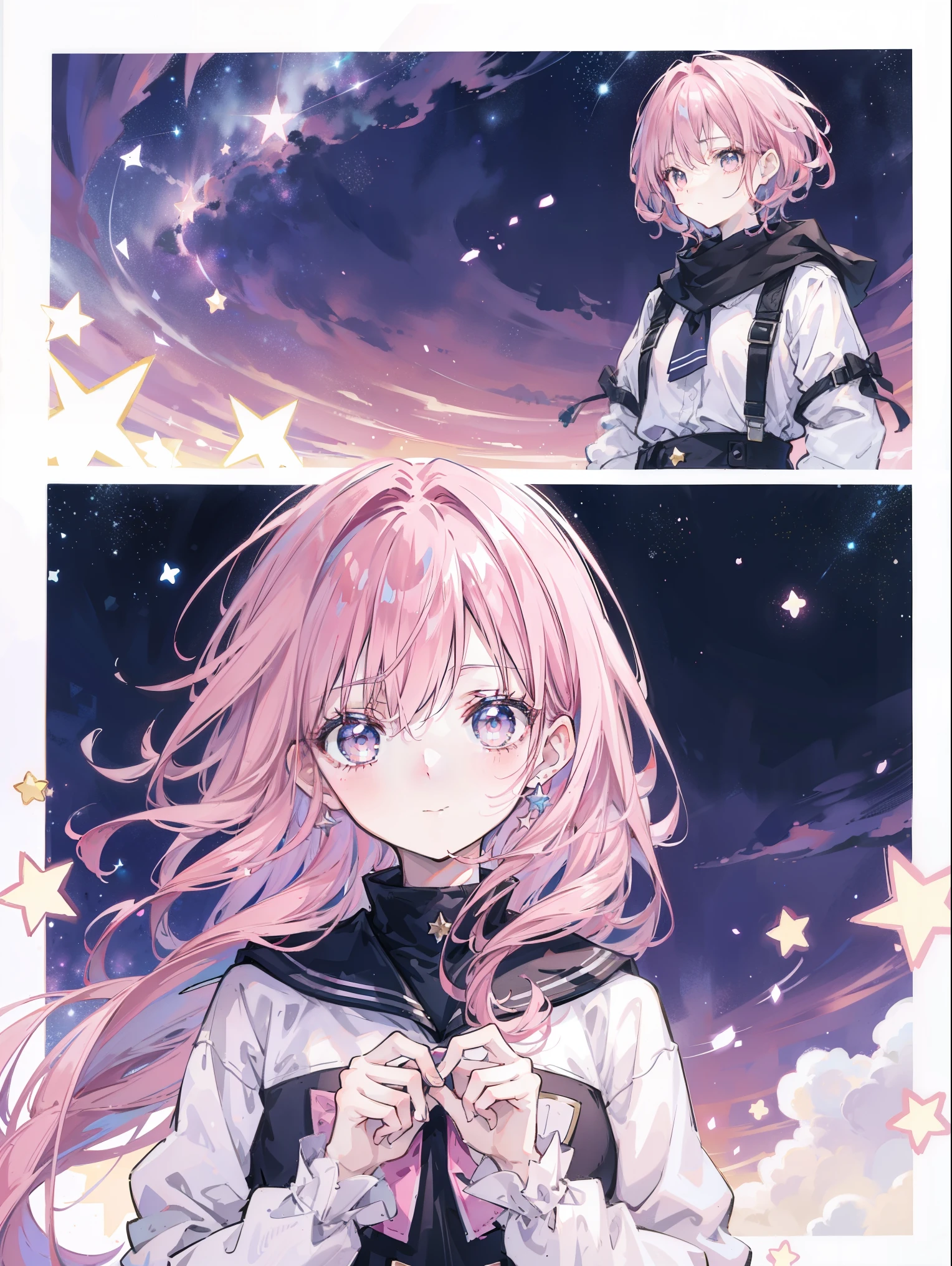 Young woman, pink hair, night sky background, starfall background, stars background, Bottom view.
