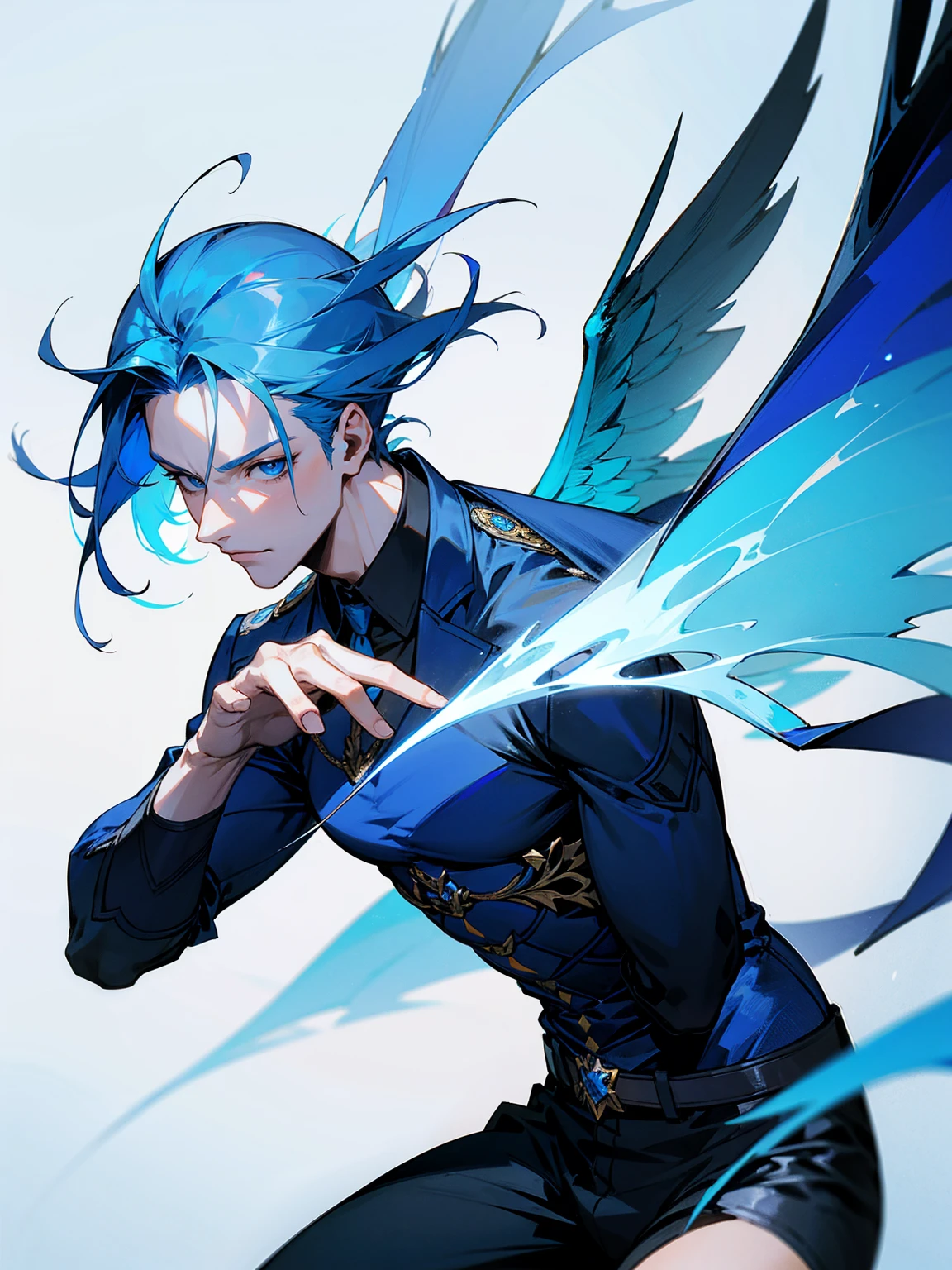 1male, adult, sky blue hair, Vergil hair, blue wings, blue fire, confident, lean build