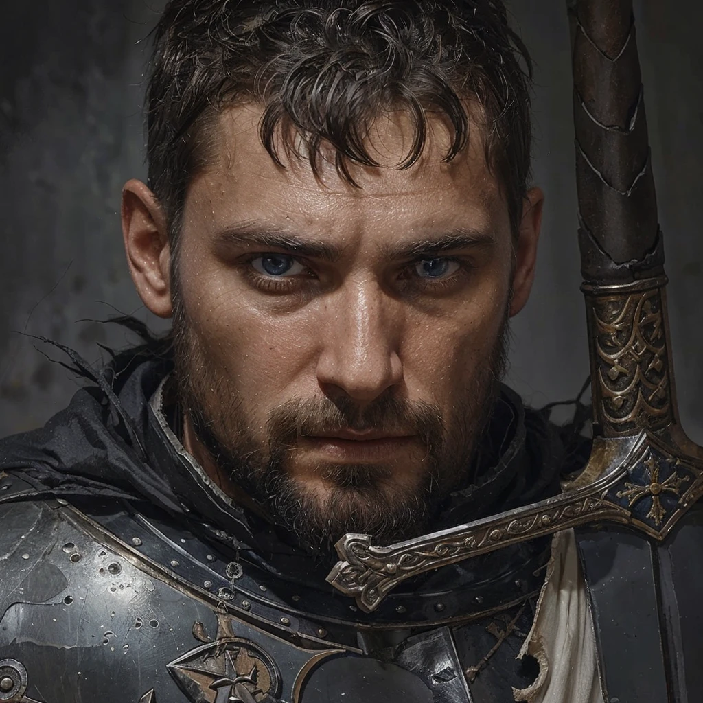 Conrad was a tall and strong young man, but an experienced man. He had piercing blue eyes, who seemed able to see through the very depths of the darkness of our world. His black hair was cut short, and the beard is quite thick, expressing severity , determination and paying tribute to its culture, Despite his young age, he already had gray strands of hair, this is a consequence of large doses of herbal decoctions and the internal state after all the battles with the horrors of this world  . His face showed clear signs of battle and trials., reflecting his past when he was a Varangian and now , when he is a cleaner-messenger of God .
 Conrad wore lightweight knight&#39;s armor on a leather suit decorated with the symbols of the New Vatican - a cross and other sacred signs, as well as pagan runes as a tribute to one’s past and ancestors. On his belt hung a sword with a carefully sharpened blade., shaped like a cross ready for battle at any moment. His stoic posture and confident gaze exuded unshakable determination and dedication to the war effort. .