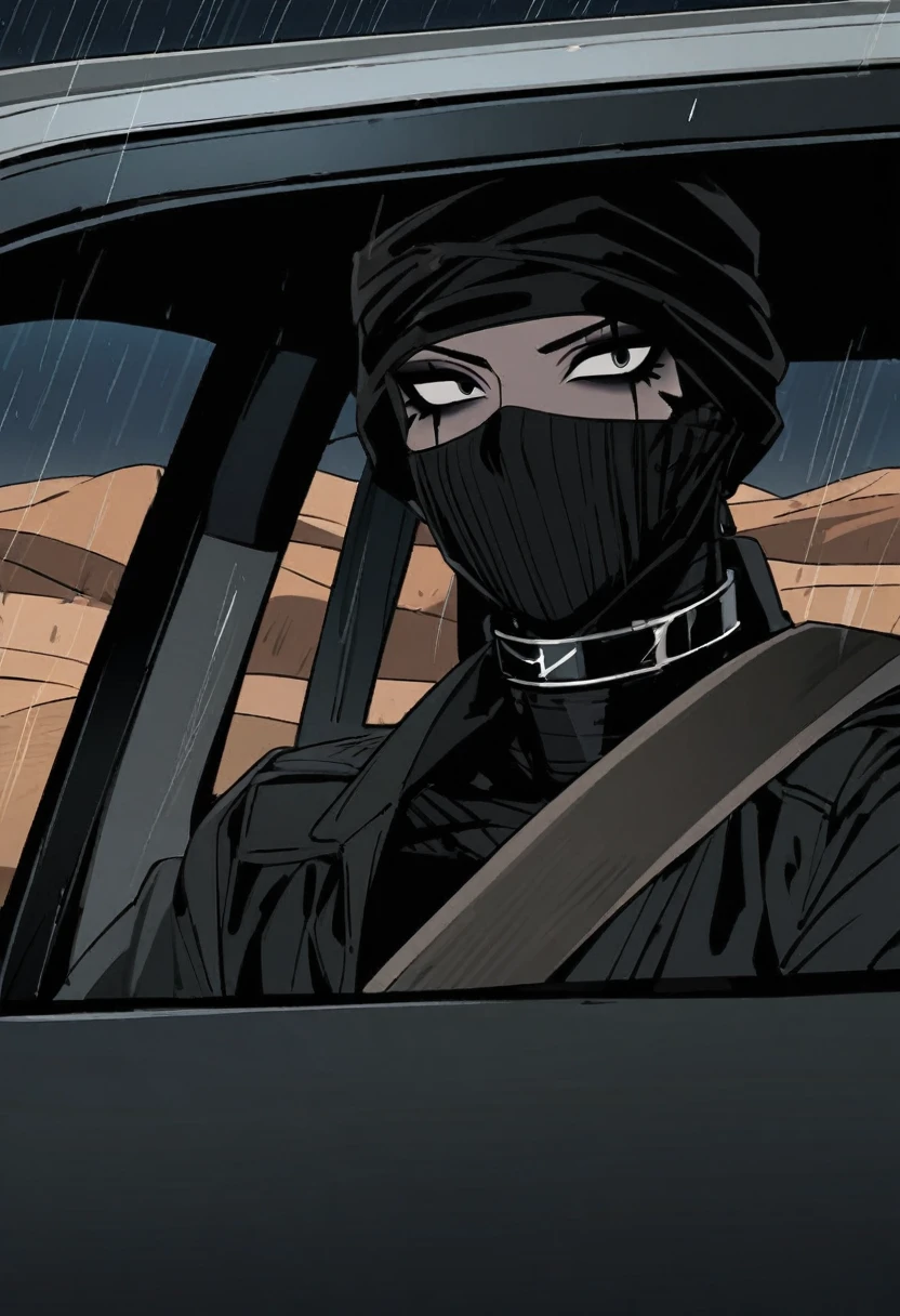 Male arab modern terrorist, terrorist, black balaclava, black bandage, black clothes, thin waist, femboy, light skin, makeup, black eyeliner, big eyelashes, black eyeshadow, metal choker, inside the car, desert, night, rain