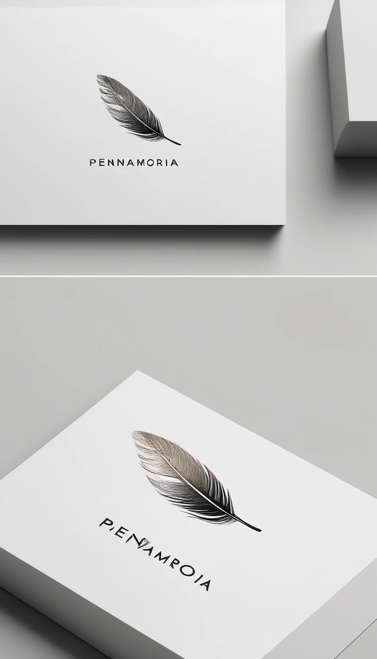 A minimal, modern, simple, cinematic logo design for the brand “Penamemoria". Create a modern, minimalistic, high-quality, logo of a bird feather