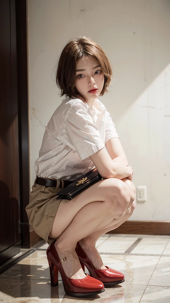 Wearing a white shirt,Red miniskirt,Short-haired girl in black high heels squatting behind a box,Basement background,Full body close-up