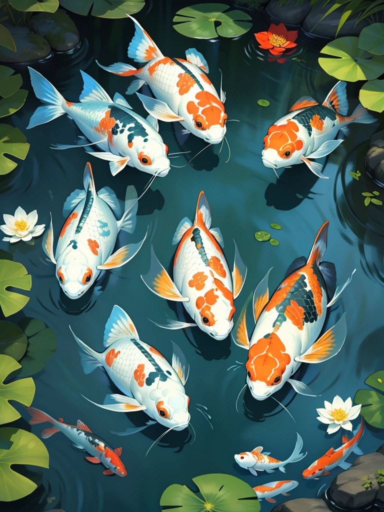 Beautiful koi and my tranquil masterpiece, Showcase the vibrant colors and graceful movements of fish in tranquil waterscapes have some flowers beside