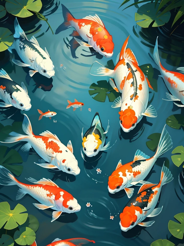 Beautiful koi and my tranquil masterpiece, Showcase the vibrant colors and graceful movements of fish in tranquil waterscapes have some flowers beside 