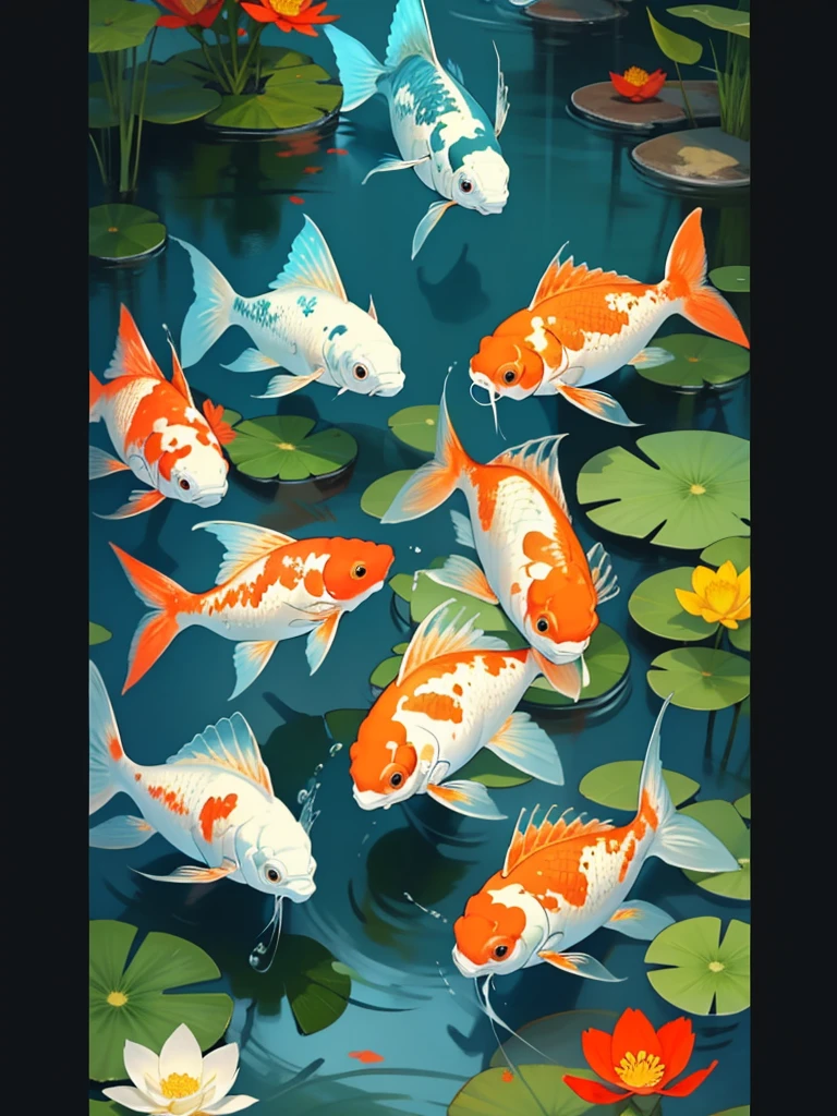 Beautiful koi and my tranquil masterpiece, Showcase the vibrant colors and graceful movements of fish in tranquil waterscapes have some flowers beside