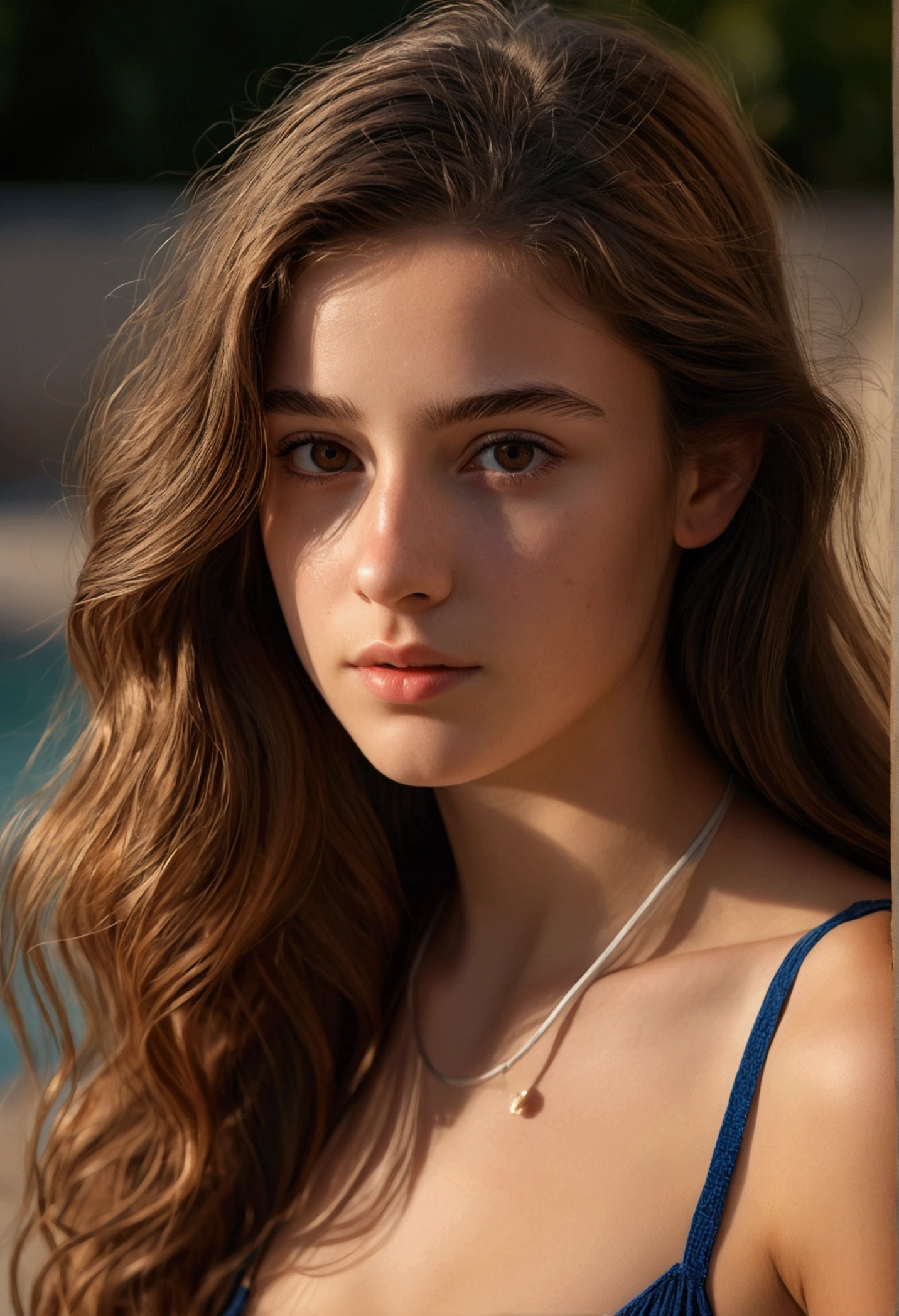 a photorealistic portrait of a 21-year-old french girl with long flowing brown hair, striking brown eyes, and a natural approachable expression, 8k, highly detailed, hyper realistic, cinematic lighting, chiaroscuro, warm color tones, dramatic shadows, flawless skin, intricate detail, masterpiece, in bikini, nice feet